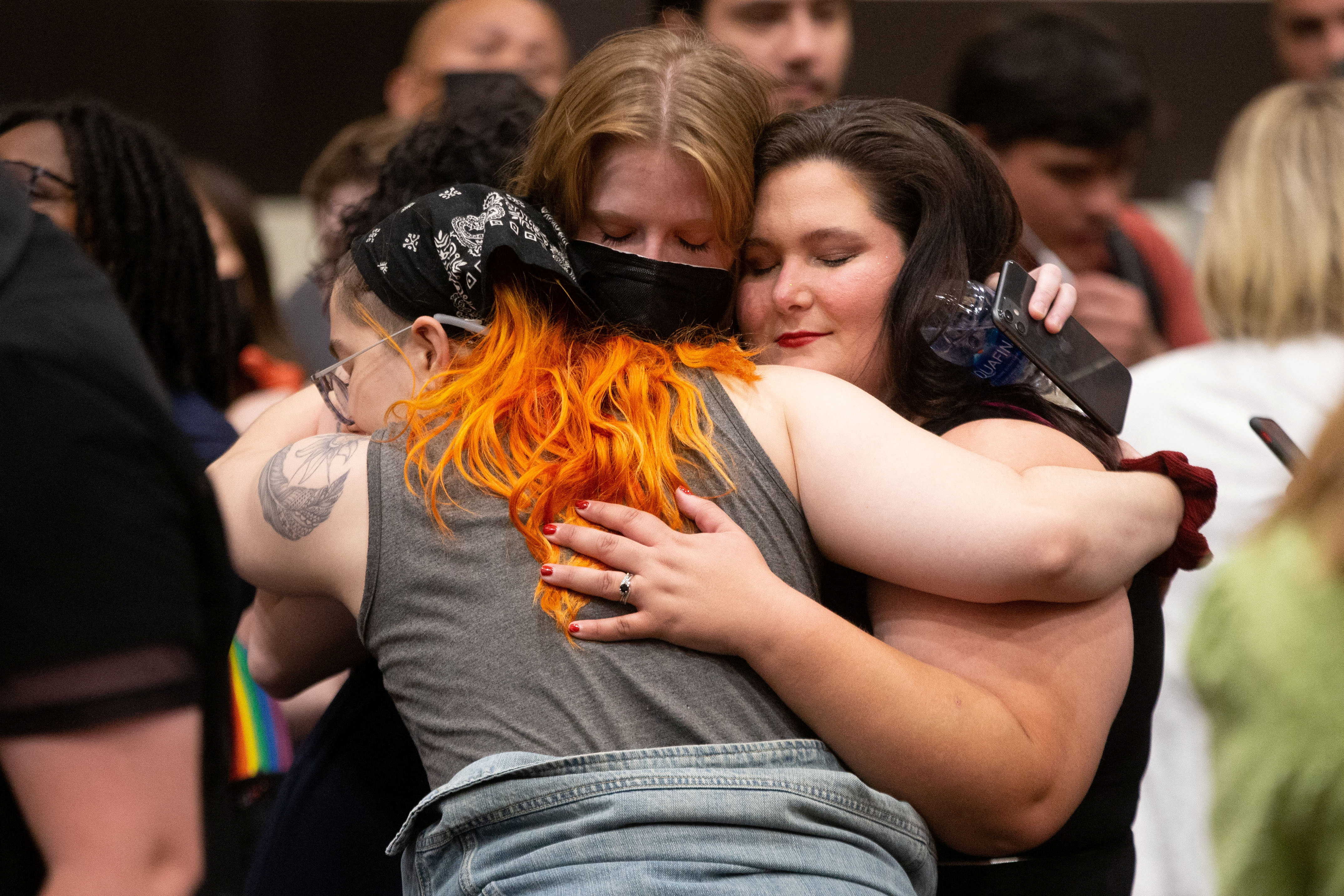 Abortion rights supporters react to the news that voters had rejected a state constitutional amendment that would have declared there is no right to abortion, during the Kansans for Constitutional Freedom election watch party in Overland Park, Kansas, Aug. 2, 2022.