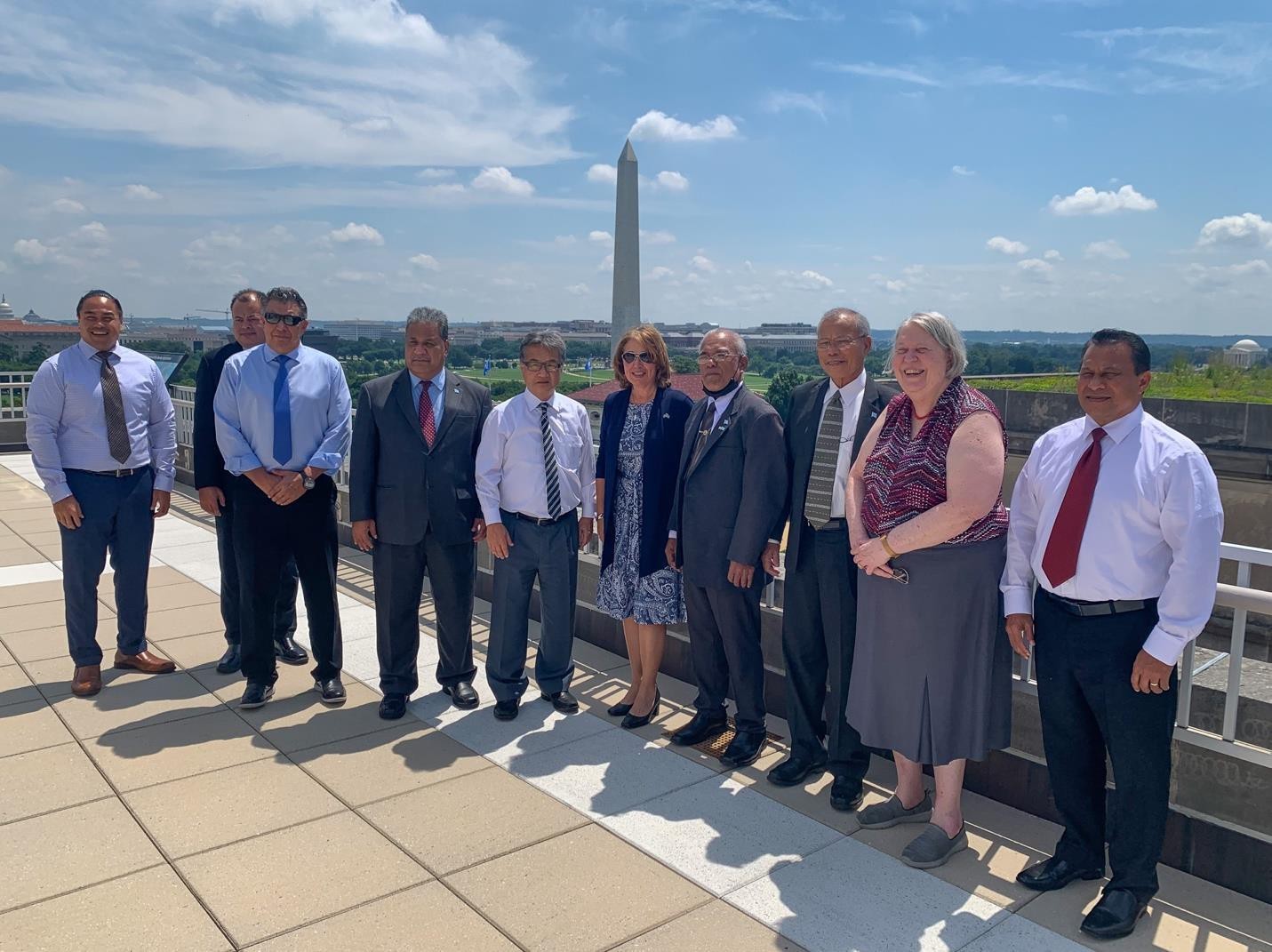 From left, U.S. Deputy Assistant Secretary of the Interior Keone Nakoa, FSM Vice Speaker Esmond B. Moses, FSM Chief Negotiator Leo A. Falcam Jr., FSM Ambassador to the U.S. Akillino H. Susaia, U.S. Special Presidential Envoy Ambassador Joseph Yun, U.S. Assistant Secretary of the Interior for Insular and International Affairs Carmen G. Cantor, FSM Joint Committee on Compact Review & Planning member Gerson Jackson, FSM JRCP Chairman Asterio Takesy, U.S. Ambassador Karen B. Stewart, and FSM Sen. Aren B. Palik.