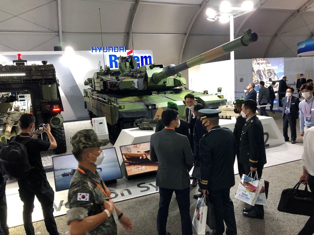 A K2 Black Panther tank manufactured by South Korea's Hyundai Rotem is displayed at the Seoul International Aerospace & Defense Exhibition, Seoul, South Korea, Oct. 20, 2021.