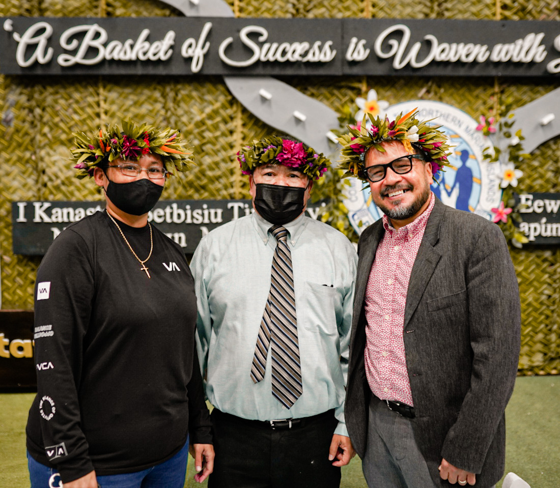 From left, Northern Marianas Technical Institute Chief Executive Officer Jodina Attao,  Commissioner of Education Dr. Alfred B. Ada, and Northern Marianas College President Dr. Galvin Deleon Guerrero pose for a photo during the PSS professional development session Monday at the MHS gym.