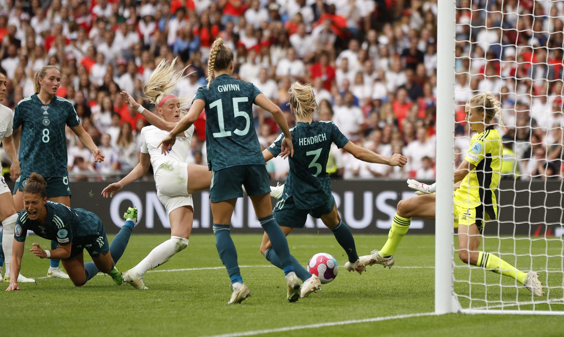 England's Chloe Kelly scores their second goal against Germany in in the 2022 Women's Euro Final at Wembley Stadium, London, Britain on July 31, 2022.