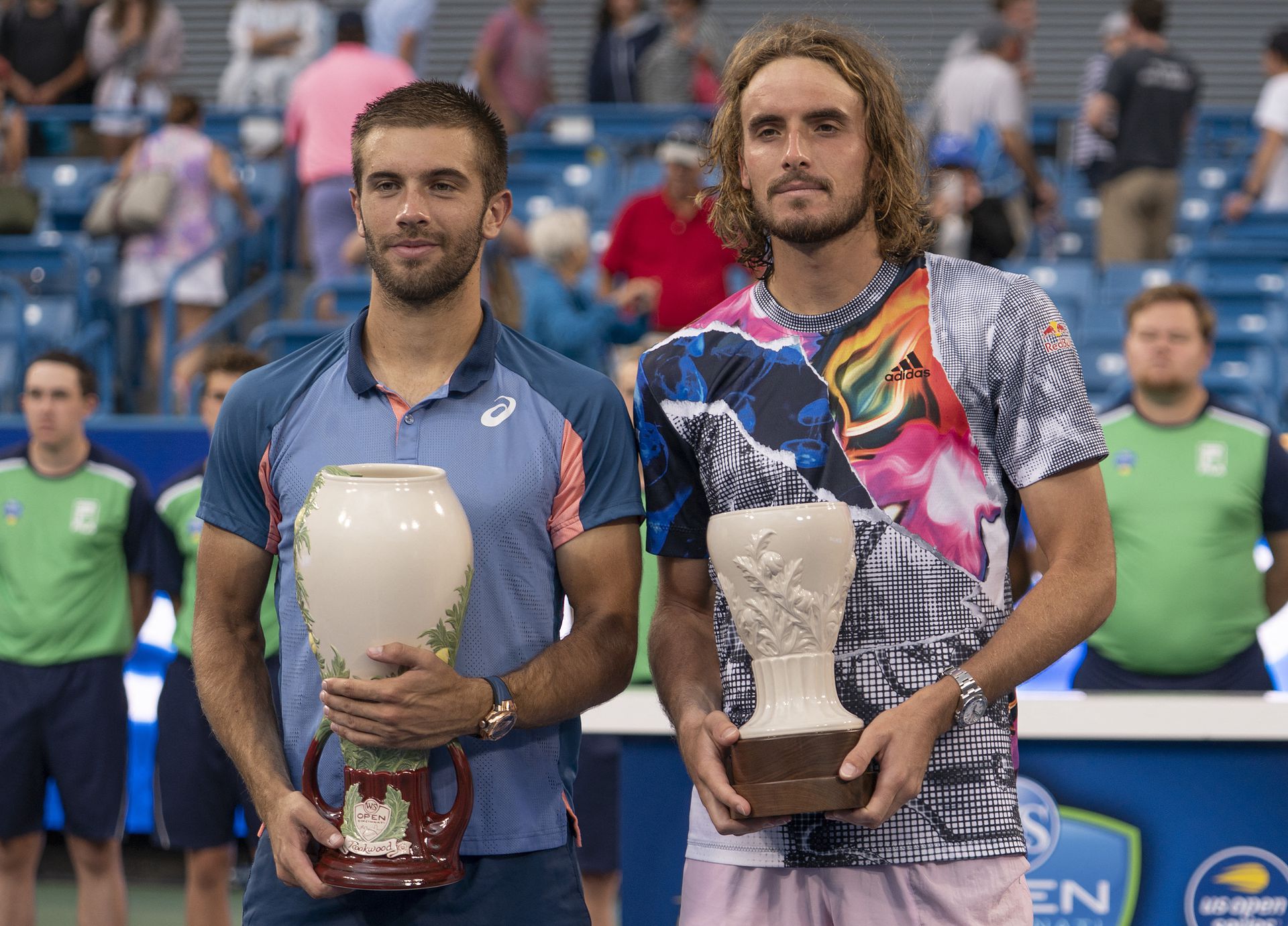 Borna Coric and Stefanos Tsitsipas  pose at the trophy presentation after the men’s final match of the Cincinnati Open at the Lindner Family Tennis Center in Cincinnati, Ohio on Aug. 21, 2022.