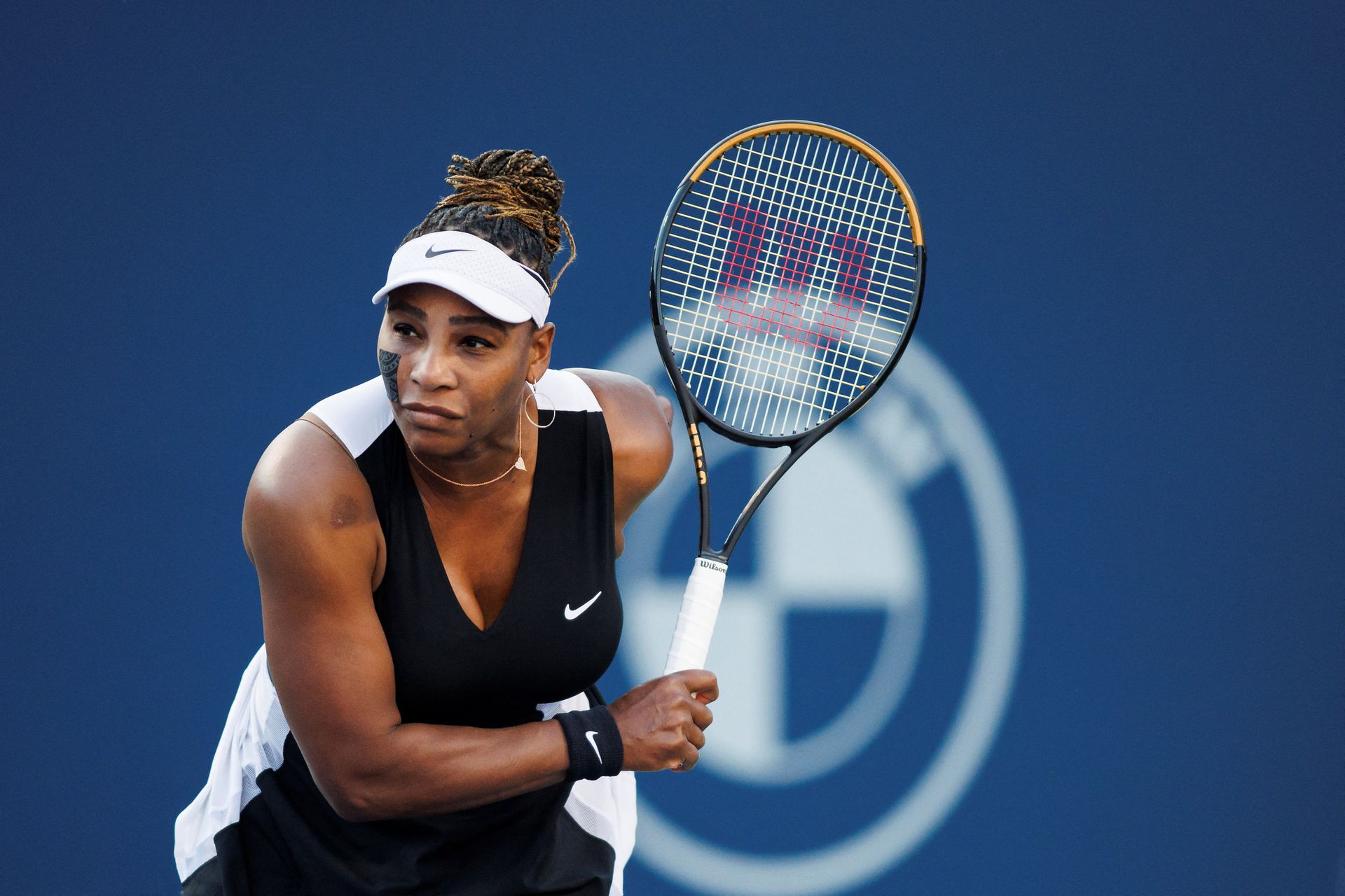 Veteran U.S. tennis player Serena Williams returns a ball during her match against Switzerland's Belinda Bencic in the National Bank Open in Toronto, Ontario, Canada, Aug. 10, 2022.