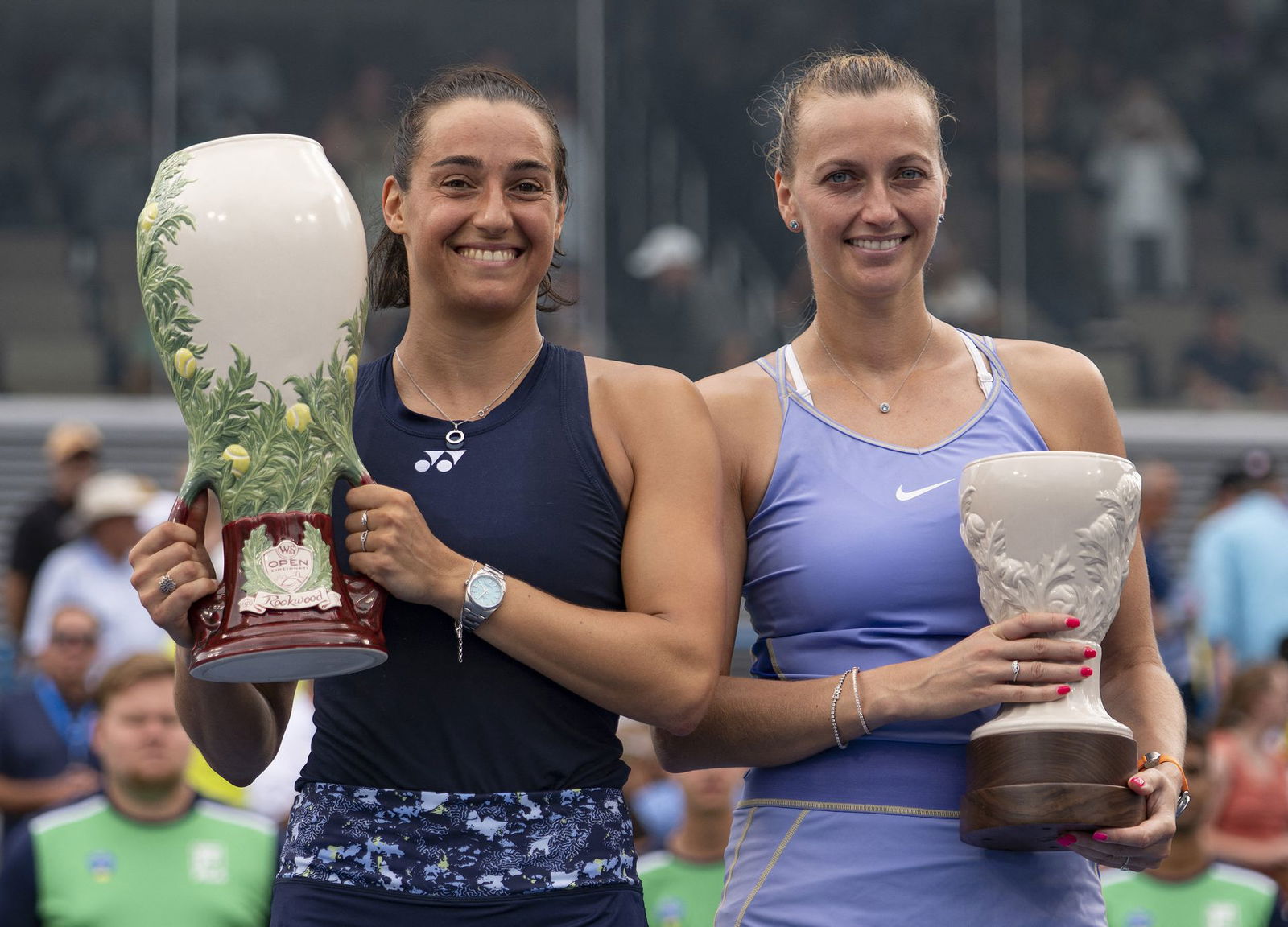 Caroline Garcia and Petra Kvitova pose during the trophy presentation at the Lindner Family Tennis Center in Cincinnati, Ohio on Aug. 21, 2022.