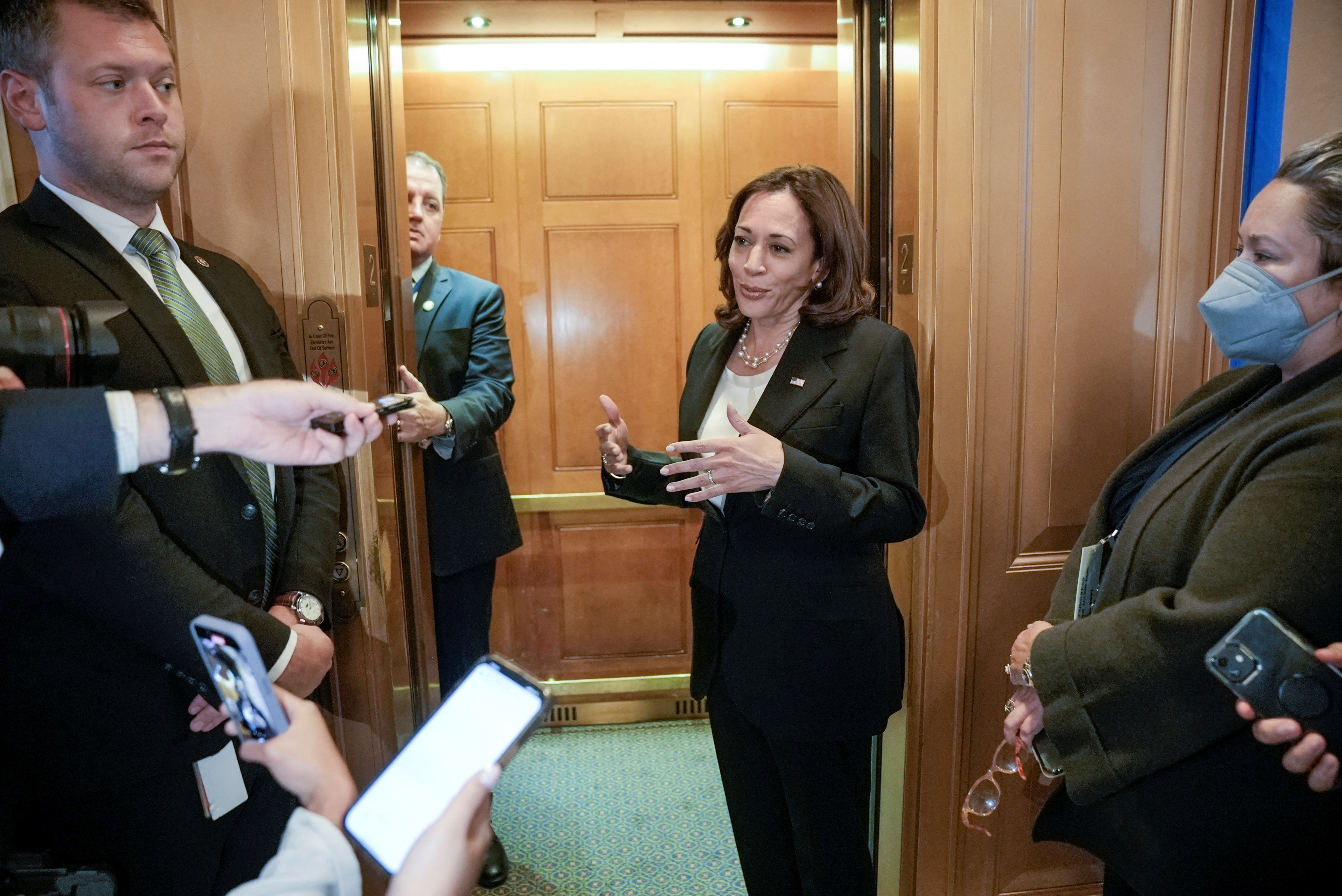 Vice President Kamala Harris, the presiding officer of the Senate, speaks to members of the media after voting on the Senate floor to break the 50-50 tie to proceed to the Inflation Reduction Act on Capitol Hill in Washington, D.C.,  Aug. 6, 2022.