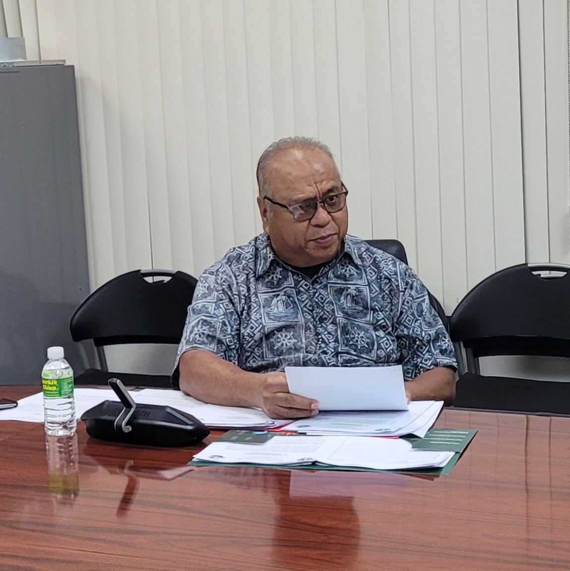 Saipan and Northern Islands Soil and Water Conservation District board treasurer Edward Deleon Guerrero talks about the Kagman Watershed Project during a board meeting on Friday in the governor's conference room.