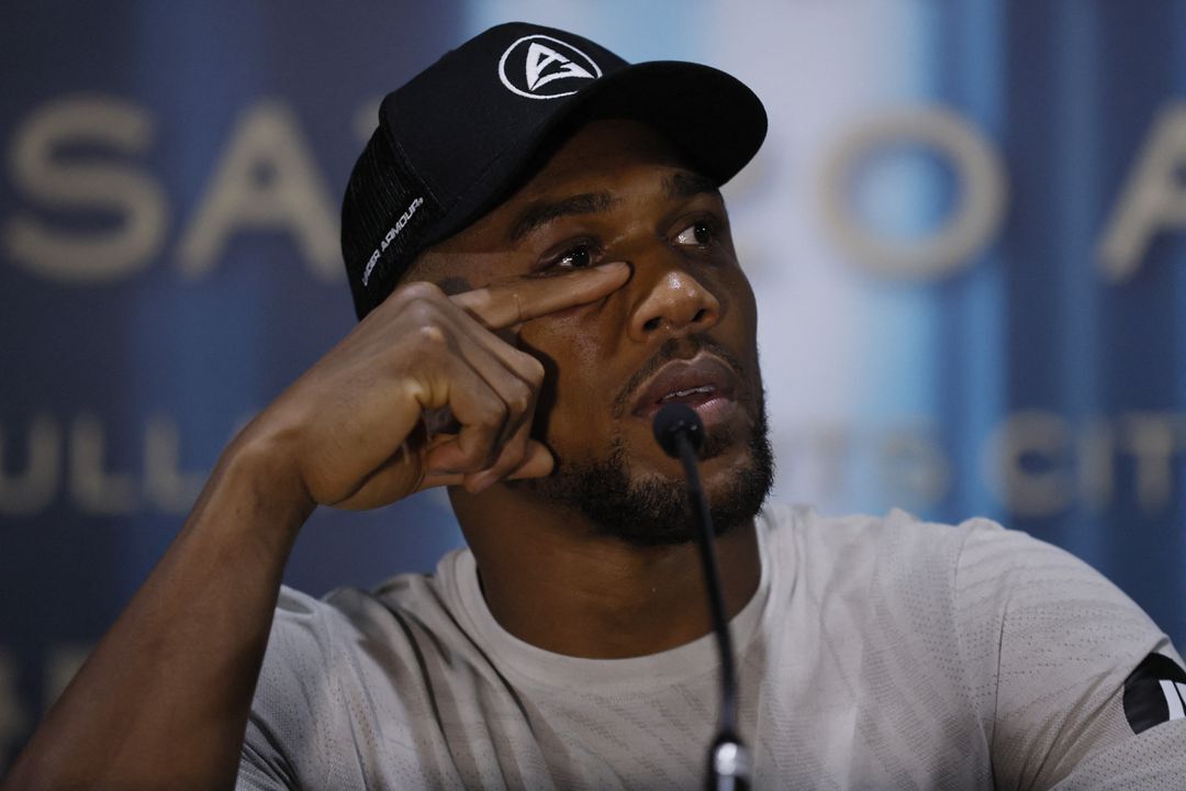 Anthony Joshua during the press conference following his WBA, WBO and IBF heavyweight world title fight against Oleksandr Usyk at the King Abdullah Sports City Arena in Jeddah, Saudi Arabia on Aug. 21, 2022.