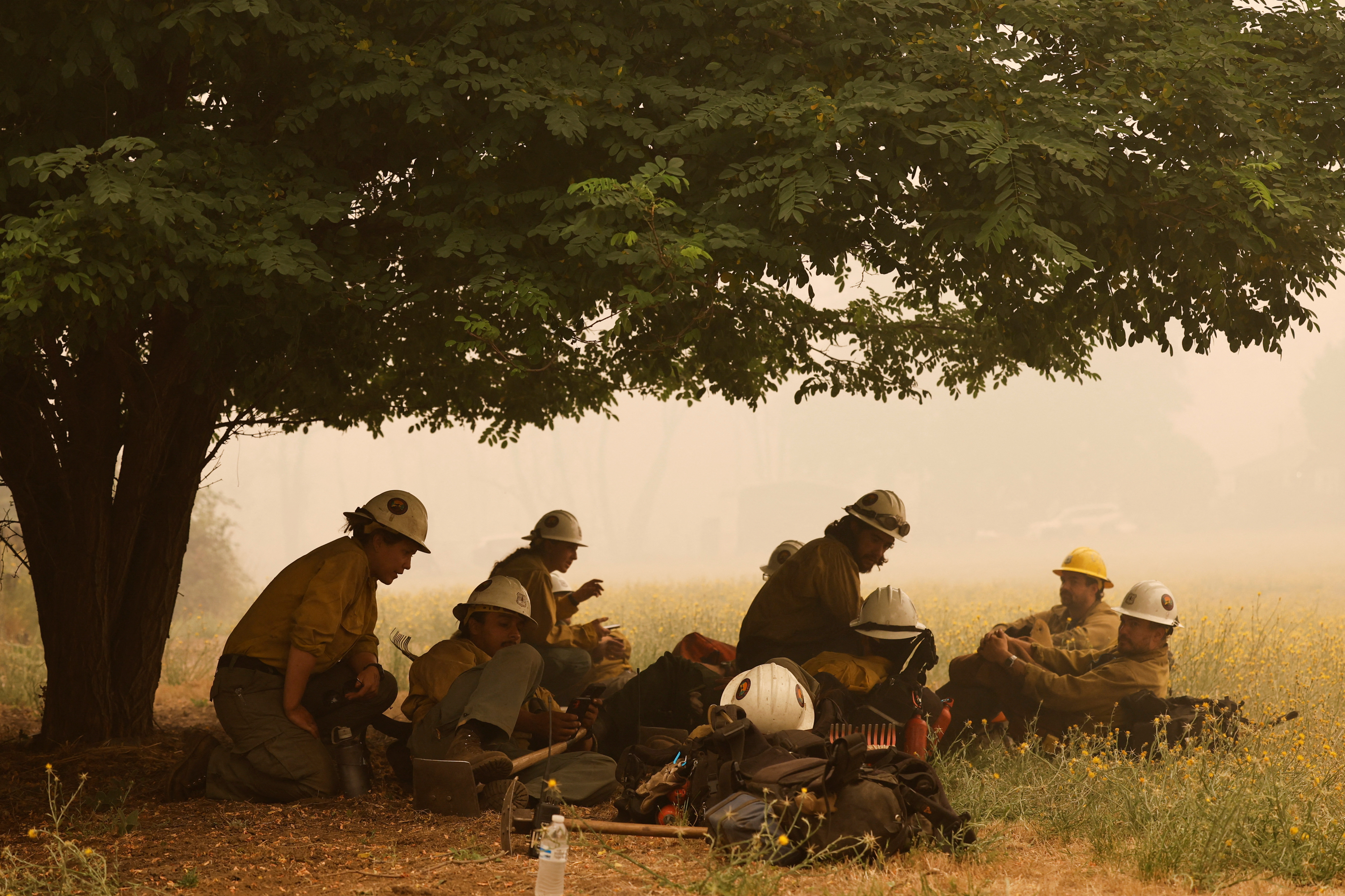 Klamath Interagency Hotshots rest under a tree while waiting for a new assignment as the McKinney Fire burns near Yreka, California, July 31, 2022.