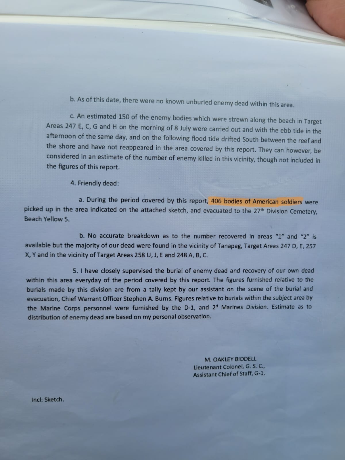 The second page of  the burial report submitted by Assistant Chief of Staff Lt. Col. M. Oakley Biddell to the 27th Infantry Division's commanding general on July 12, 1944.
