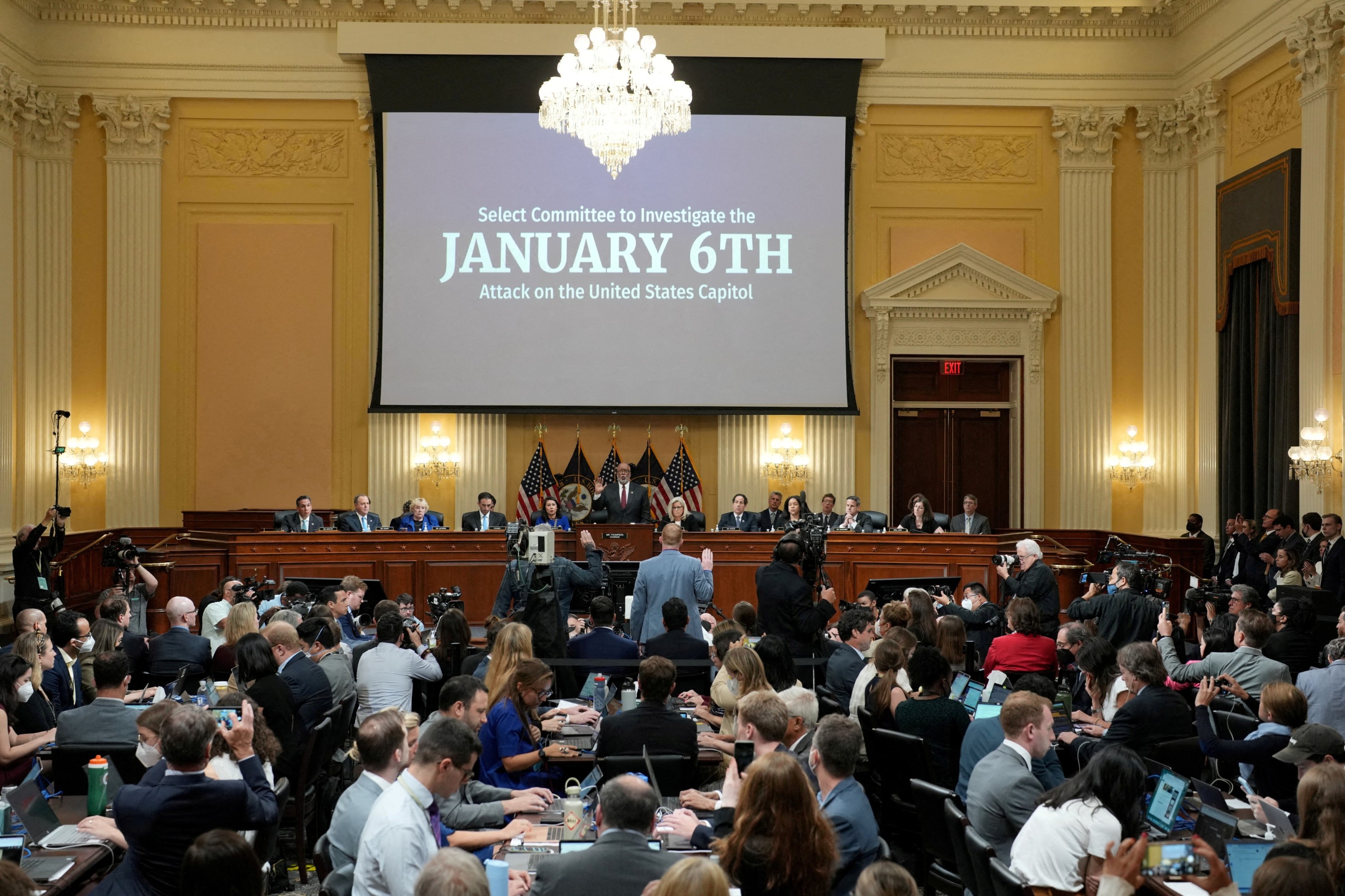 The House Select Committee investigating the Jan. 6 attack led by Chairman Bennie Thompson, D-Miss., swears in the witnesses during the panel’s seventh public hearing in Washington, D.C., July 12, 2022.