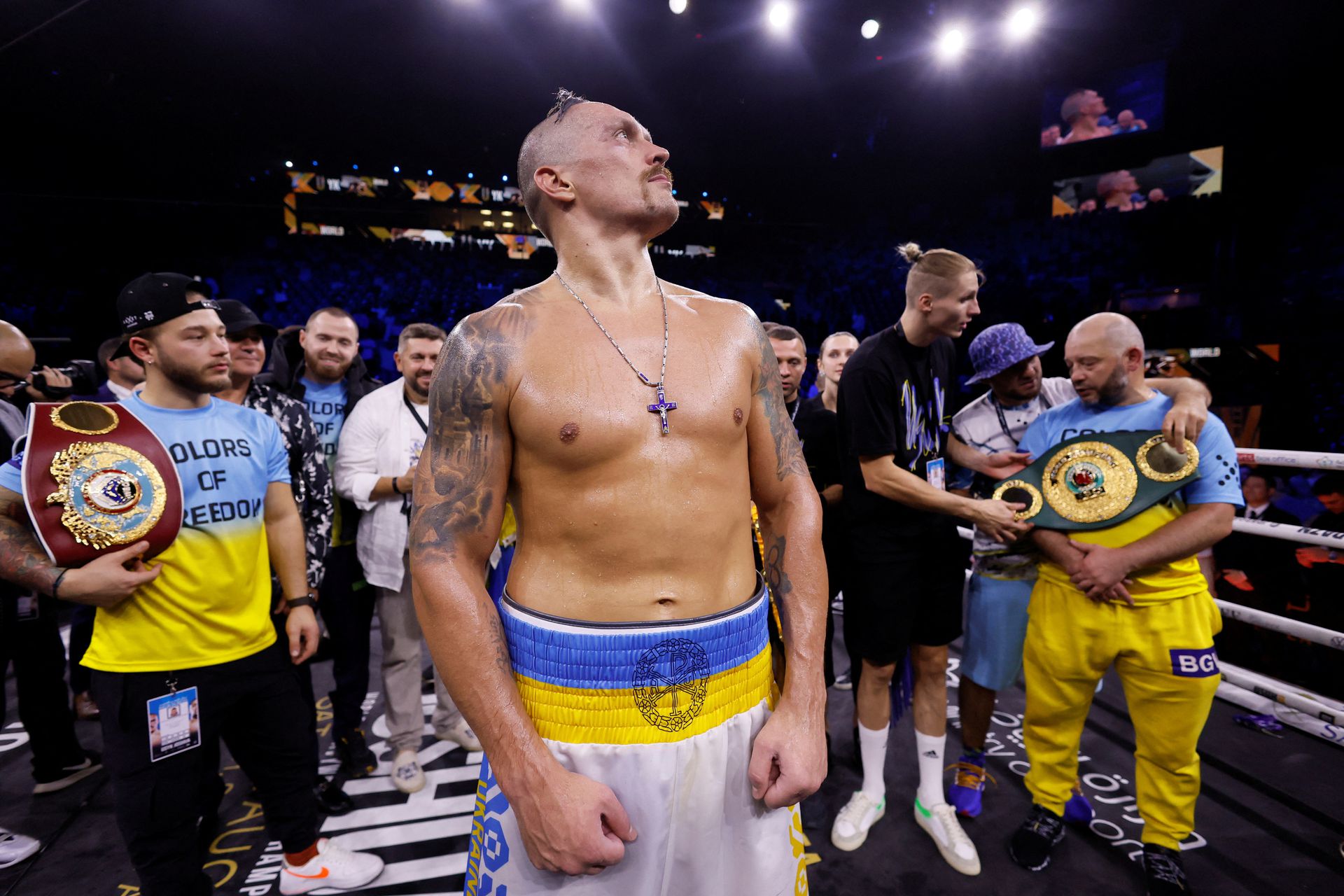 Oleksandr Usyk celebrates winning the fight against Anthony Joshua Action for the  WBA, WBO and IBF heavyweight world title at the King Abdullah Sports City Arena in Jeddah, Saudi Arabia on Aug. 20, 2022.