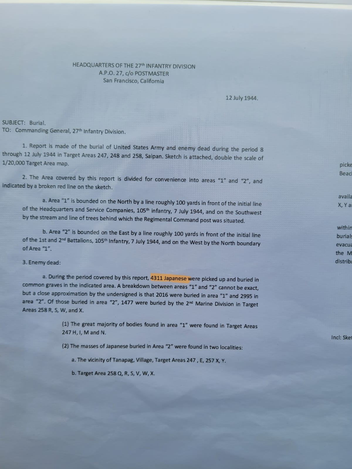 The first page of a burial report submitted by Assistant Chief of Staff Lt. Col. M. Oakley Biddell to the 27th Infantry Division's commanding general on July 12, 1944.