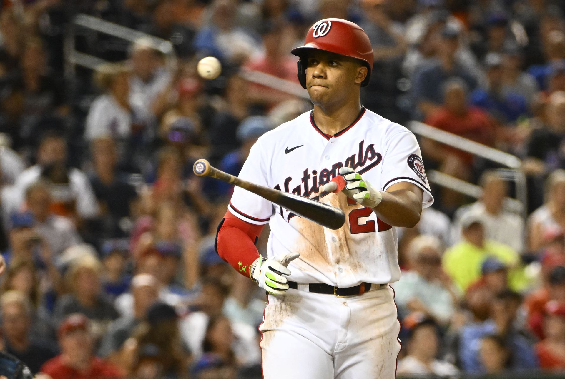 Washington Nationals right fielder Juan Soto (22) reacts after drawing a walk during the fifth inning against the New York Mets at Nationals Park in Washington, District of Columbia, Aug 1, 2022.