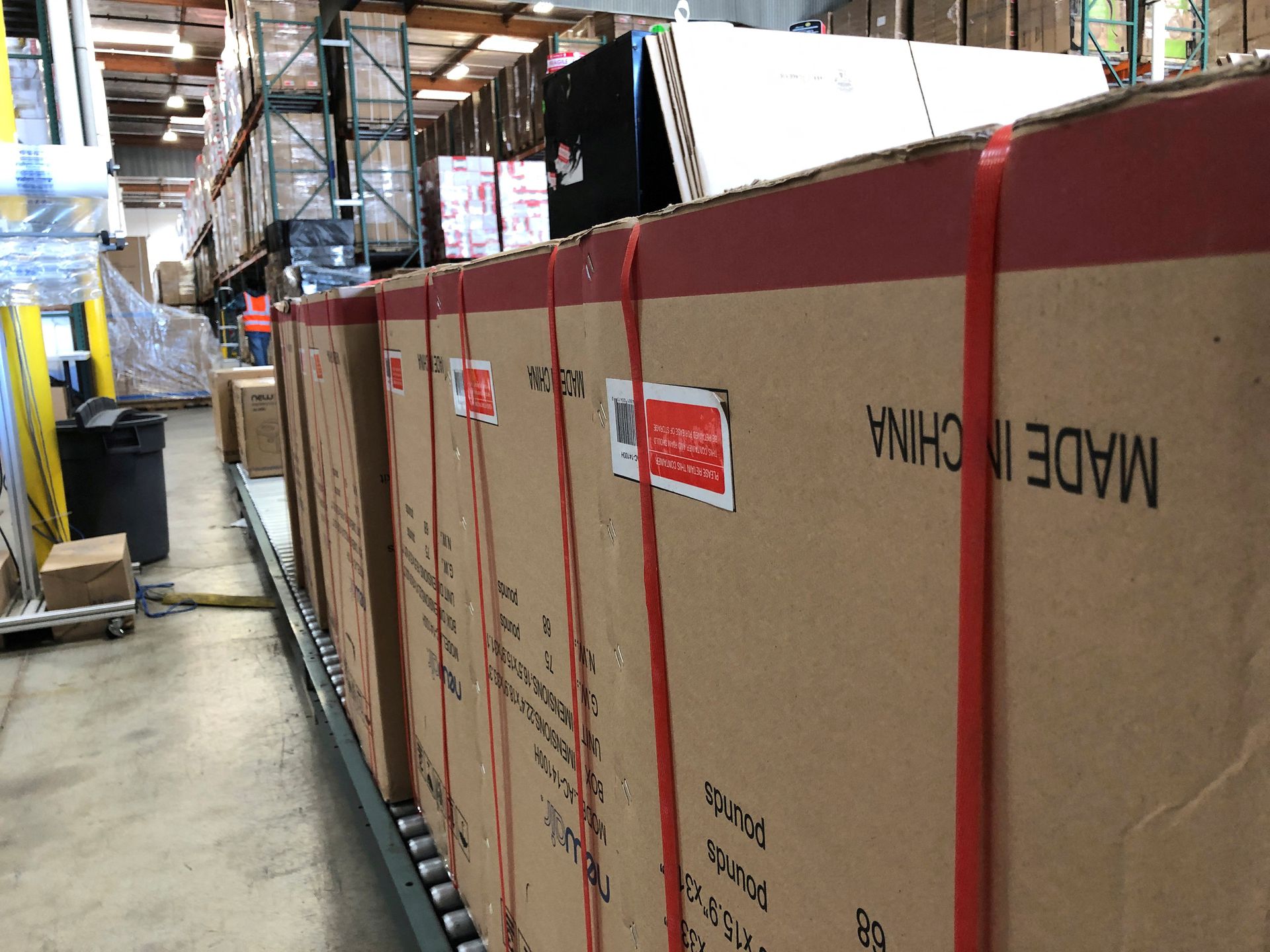 Boxes marked “Made in China” are lined up in NewAir's warehouse in Cypress, California on May 24, 2019.