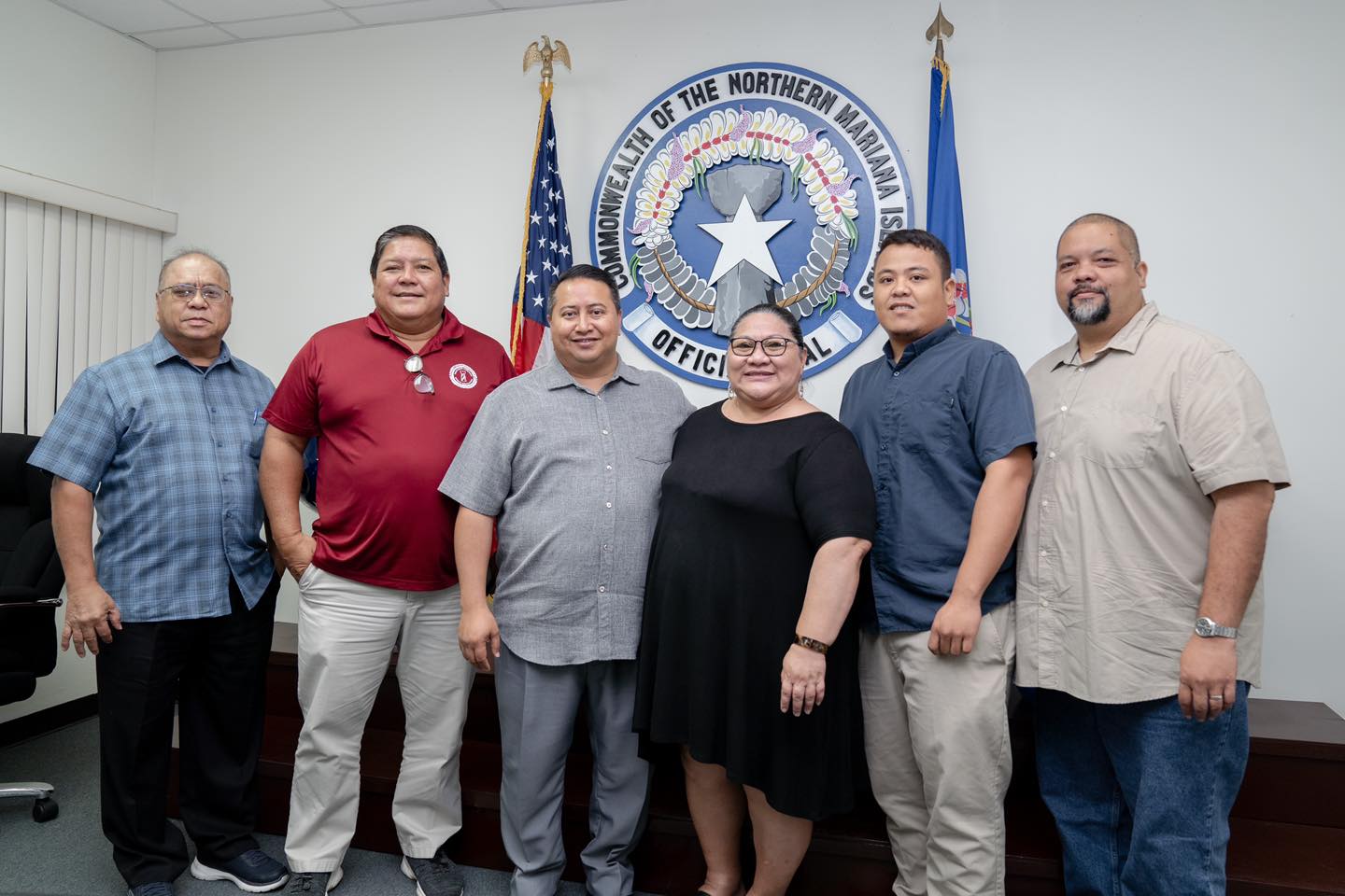 From left, Edward C. Deleon Guerrero, Department of Lands and Natural Resources Secretary Anthony T. Benavente, Gov. Ralph DLG Torres, Liana S. Hofschneider, Ryan C. Reyes, and Victor D. Cabrera pose for a photo in the governor's conference room. Deleon Guerrero, Hofschneider, Reyes, and Cabrera were sworn in as the new board members of the Saipan and Northern Islands Soil & Water Conservation District. 