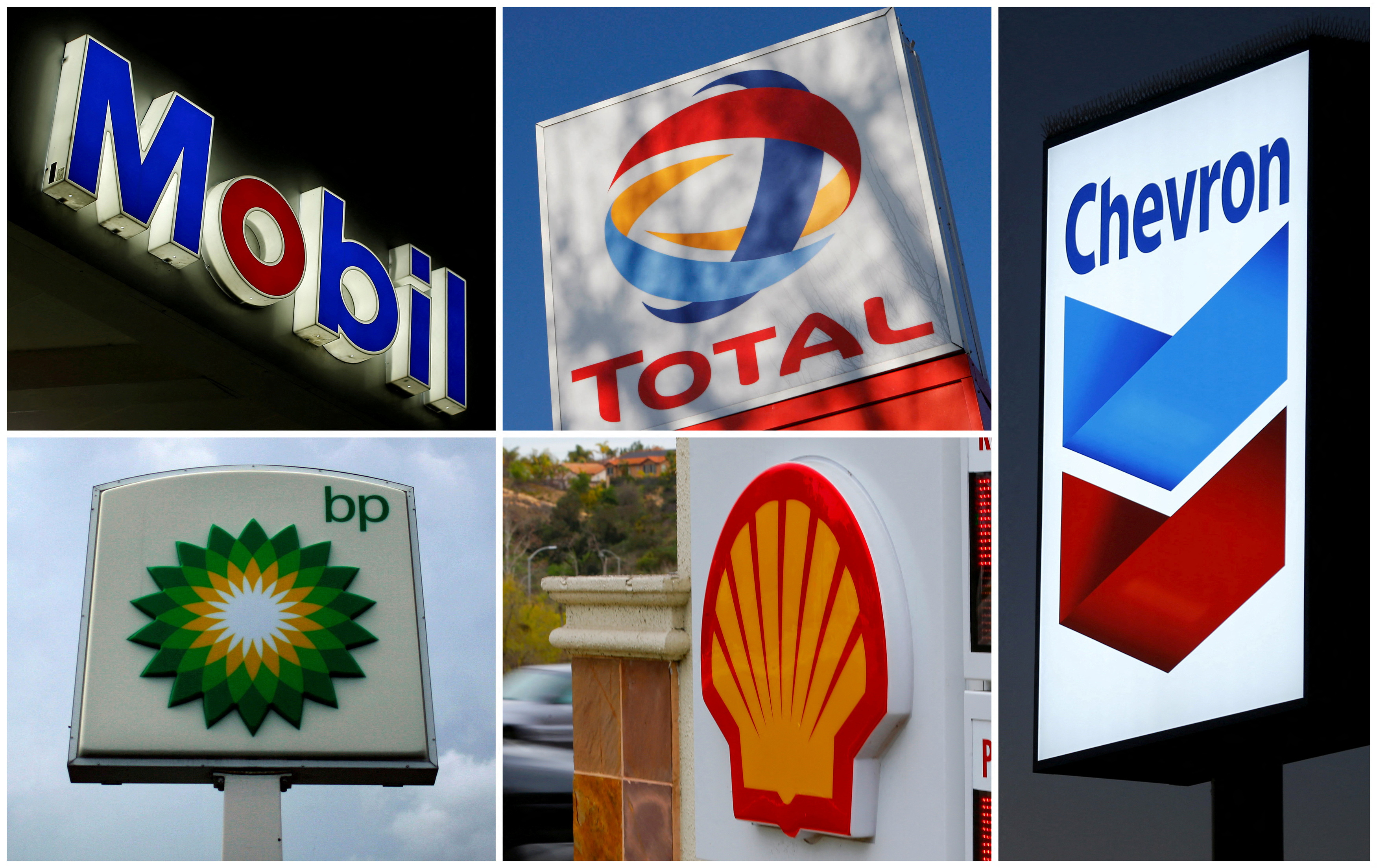 A combination of file photos shows the logos of five of the largest publicly traded oil companies: BP, Chevron, Exxon Mobil, Royal Dutch Shell and Total.