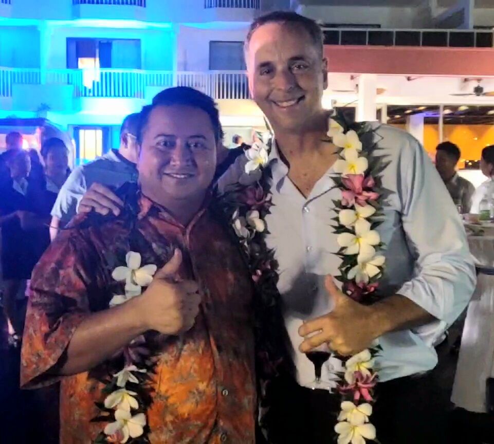 Gov. Ralph DLG Torres and Marianas Southern Airways President/CEO Keith J. Stewart pose for a photo at the airlines' launch party on Thursday evening at Paradiso Hotel & Spa in As Lito.