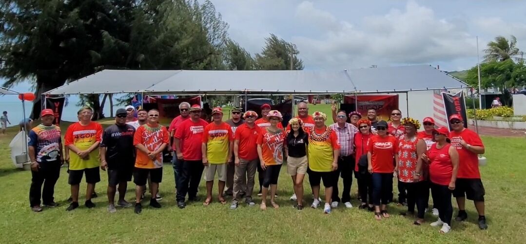 Republican Party candidates led by Gov. Ralph DLG Torres pose for a photo at the Refaluwasch for GOP gathering on Sunday at the Tronkon Da’ok grounds in Susupe.