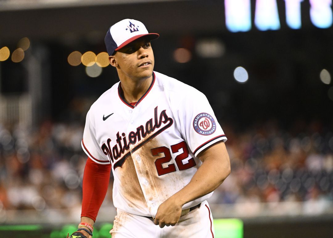 Washington Nationals right fielder Juan Soto (22) on the field during the fifth inning against the New York Mets at Nationals Park in Washington, D.C., Aug. 1, 2022.