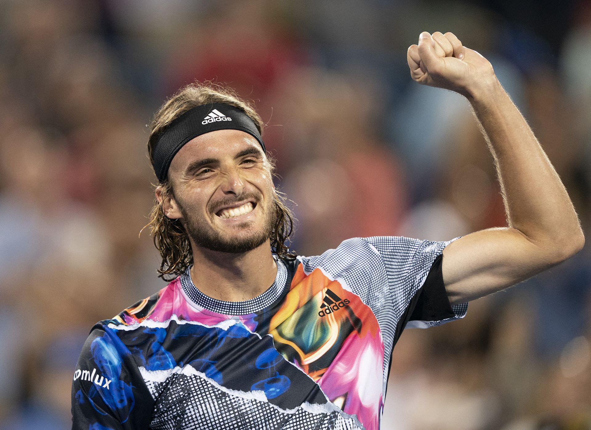 Stefanos Tsitsipas of Greece celebrates after defeating Daniil Medvedev Russia at the Western & Southern Open at the Lindner Family Tennis Center in Cincinnati, Ohio on Aug. 20, 2022.