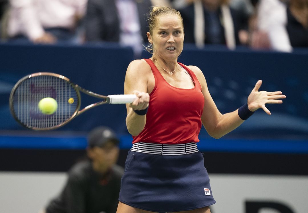 Shelby Rogers of the U.S. returns a shot during her match against Katarina Zavatska of Ukraine in the Billie Jean King Cup tie between USA and Ukraine at Harrah's Cherokee Center in Asheville, NC, April 16, 2022.