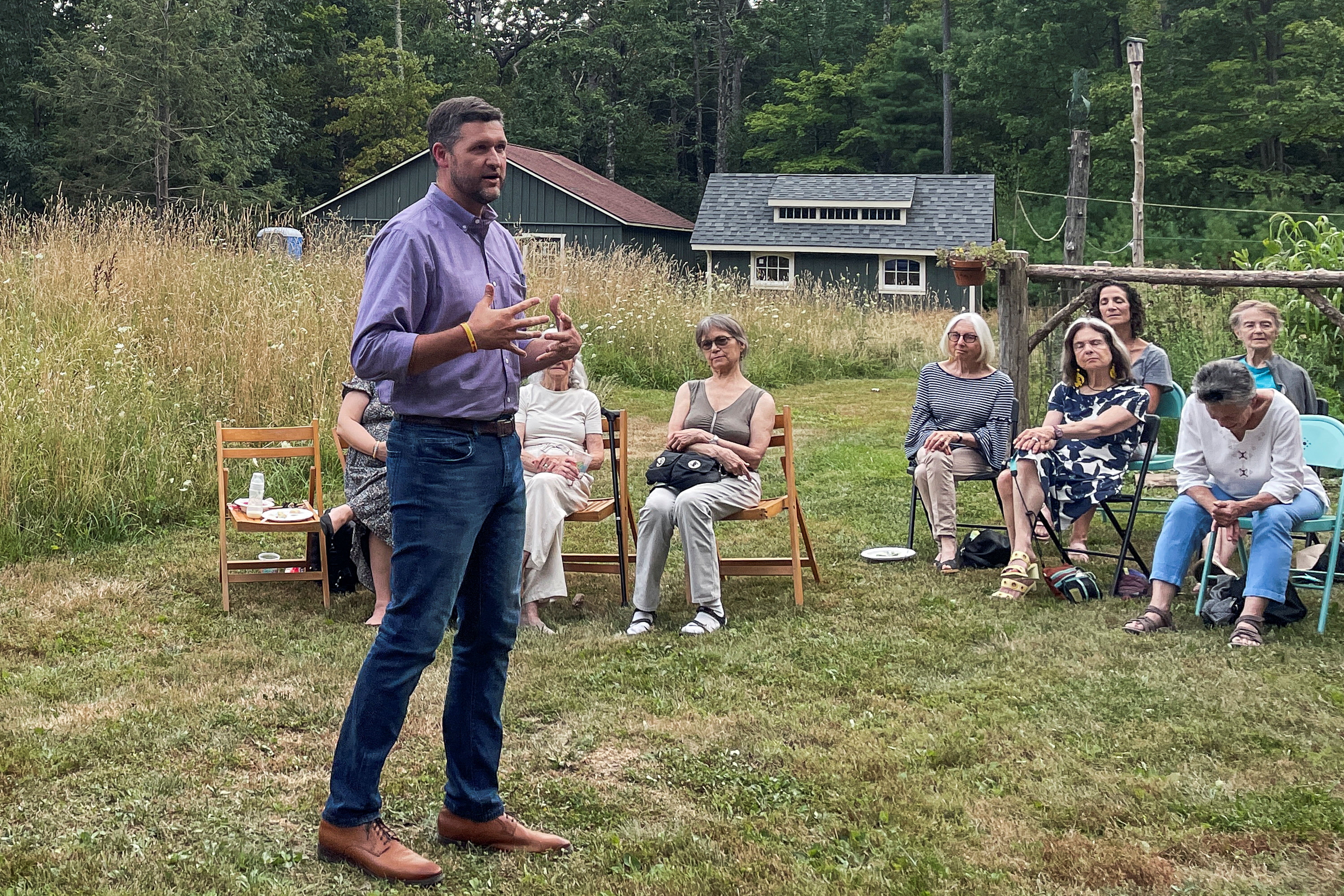 Pat Ryan, the Democratic nominee in a special election for New York's 19th Congressional District, addresses supporters in Woodstock, New York, Aug. 16, 2022.