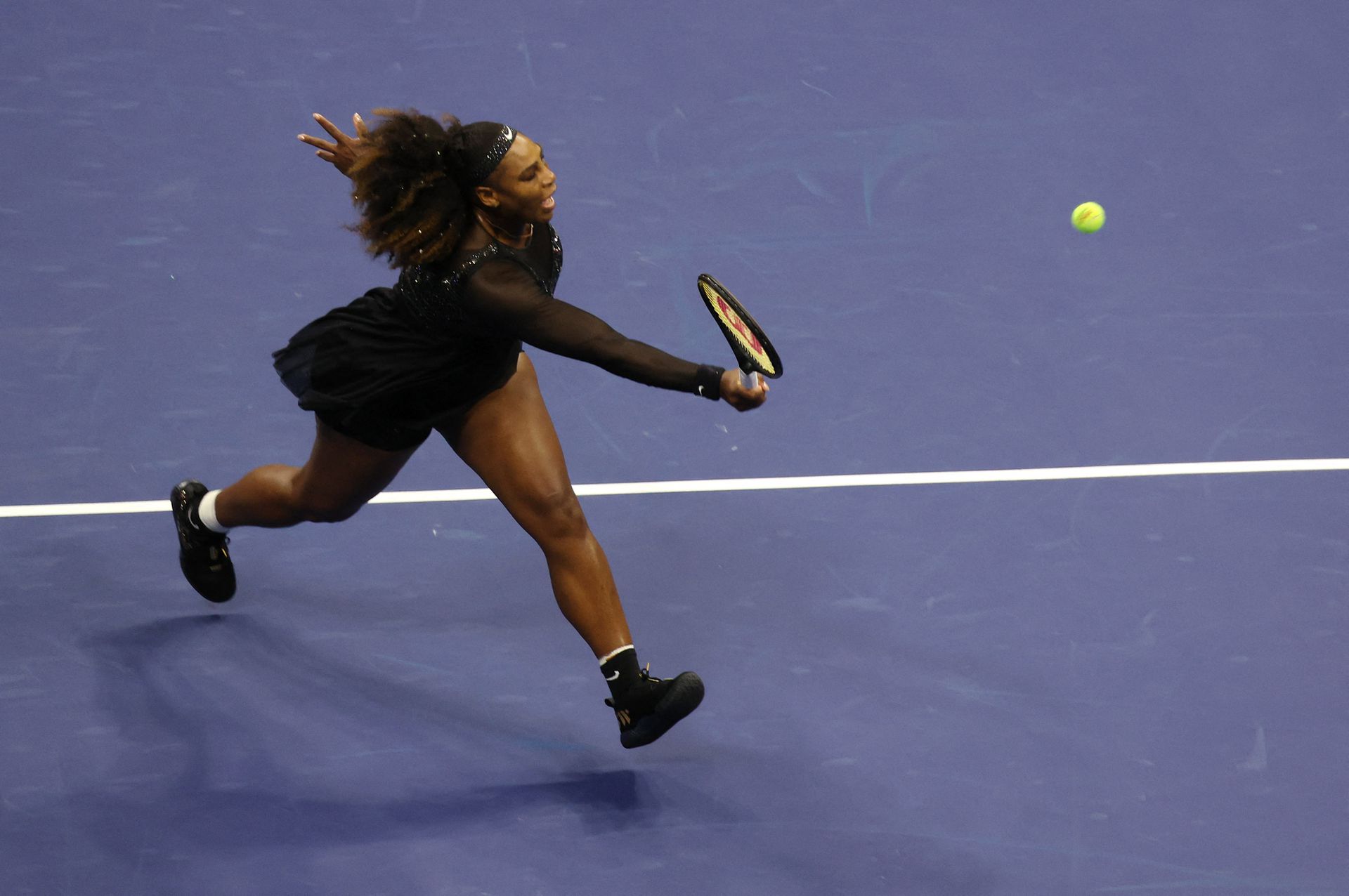 Serena Williams of the U.S. in action during her first round match against Montenegro's Danka Kovinic in the first round of the U.S. Open at Flushing Meadows, New York, Aug. 29, 2022.