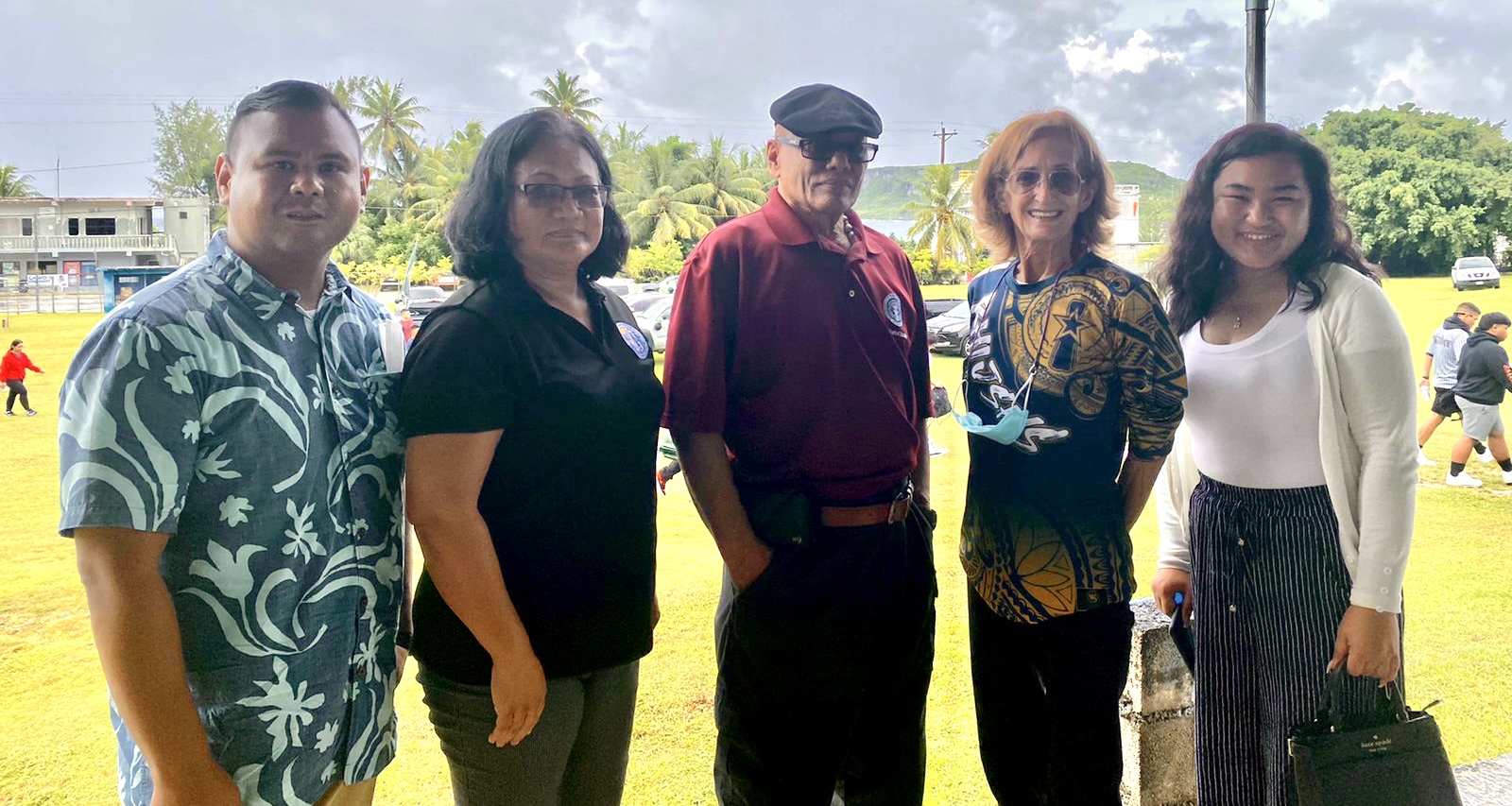 On Rota, from left, Marvin Tamangided, Rota Local Education Agency/Project HALIGI Community Project Manager, Dr. Rita H. Inos Jr. Sr. High School Vice Principal Annette Calvo, Rota Board of Education Member Herman Atalig, Dr. Rita H. Inos Jr. Sr. High School Principal D. Tanya King, and Vannah Hocog, behavioral specialist.