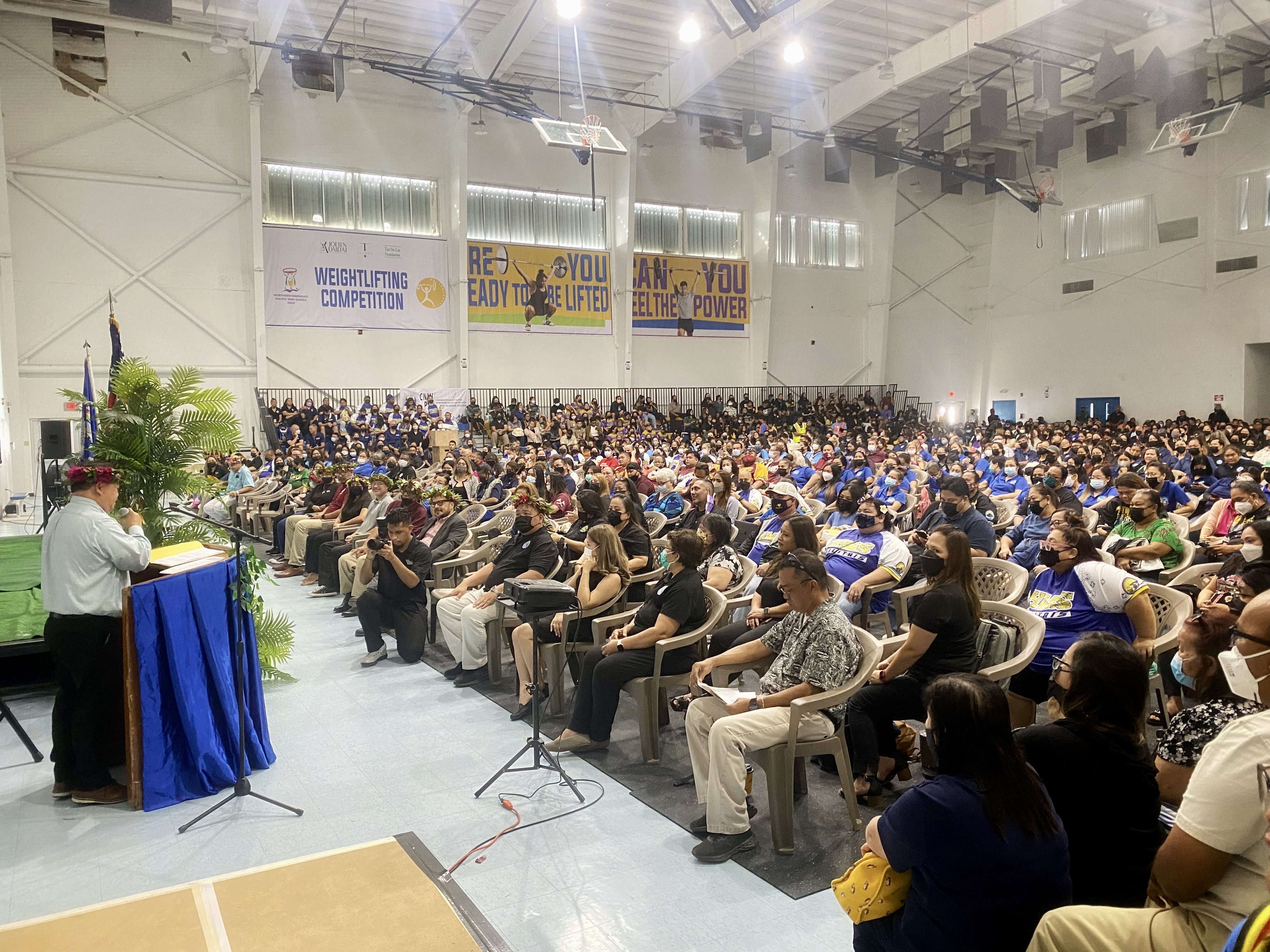 Commissioner of Education Dr. Alfred B. Ada addresses close to 1,300 Public School System personnel at the start of the two-day CNMI-wide professional development session at the Marianas High School gymnasium on Monday.