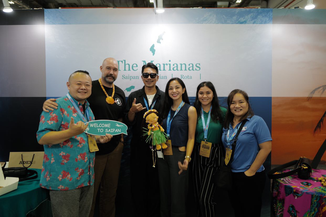 Marianas Visitors Authority  Deputy Managing Director Judy Torres, right, leads the MVA delegation at Asia Dive Expo or ADEX 2022 on Sept. 16-18, 2022, in Singapore. From left, MVA Taiwan PR & Marketing Manager Steven Cheng, Axe Murderer Tours master dive instructor Jay Wolfe, former Marianas Ocean Tourism Ambassador  Yorko  Summer,  actress  and  PADI Ambassador  Kirana  Larasati,  MVA  Product Development Manager Tiana Reyes, and Torres.