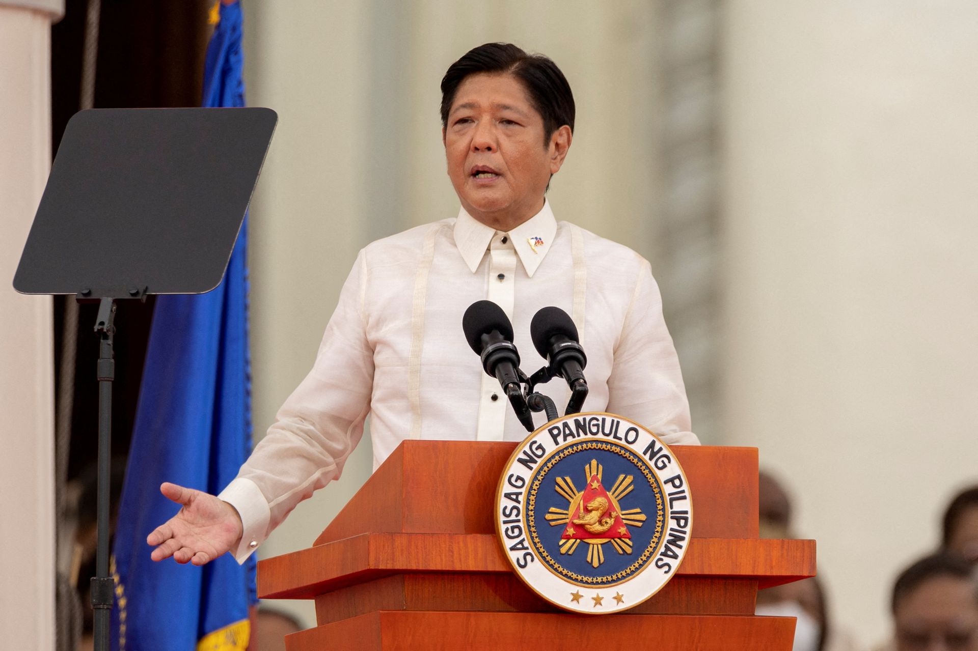 Ferdinand "Bongbong" Marcos Jr., the son and namesake of the late strongman Ferdinand Marcos, delivers a speech after taking oath as the 17th president of the Philippines, during the inauguration ceremony at the National Museum in Manila on June 30, 2022.