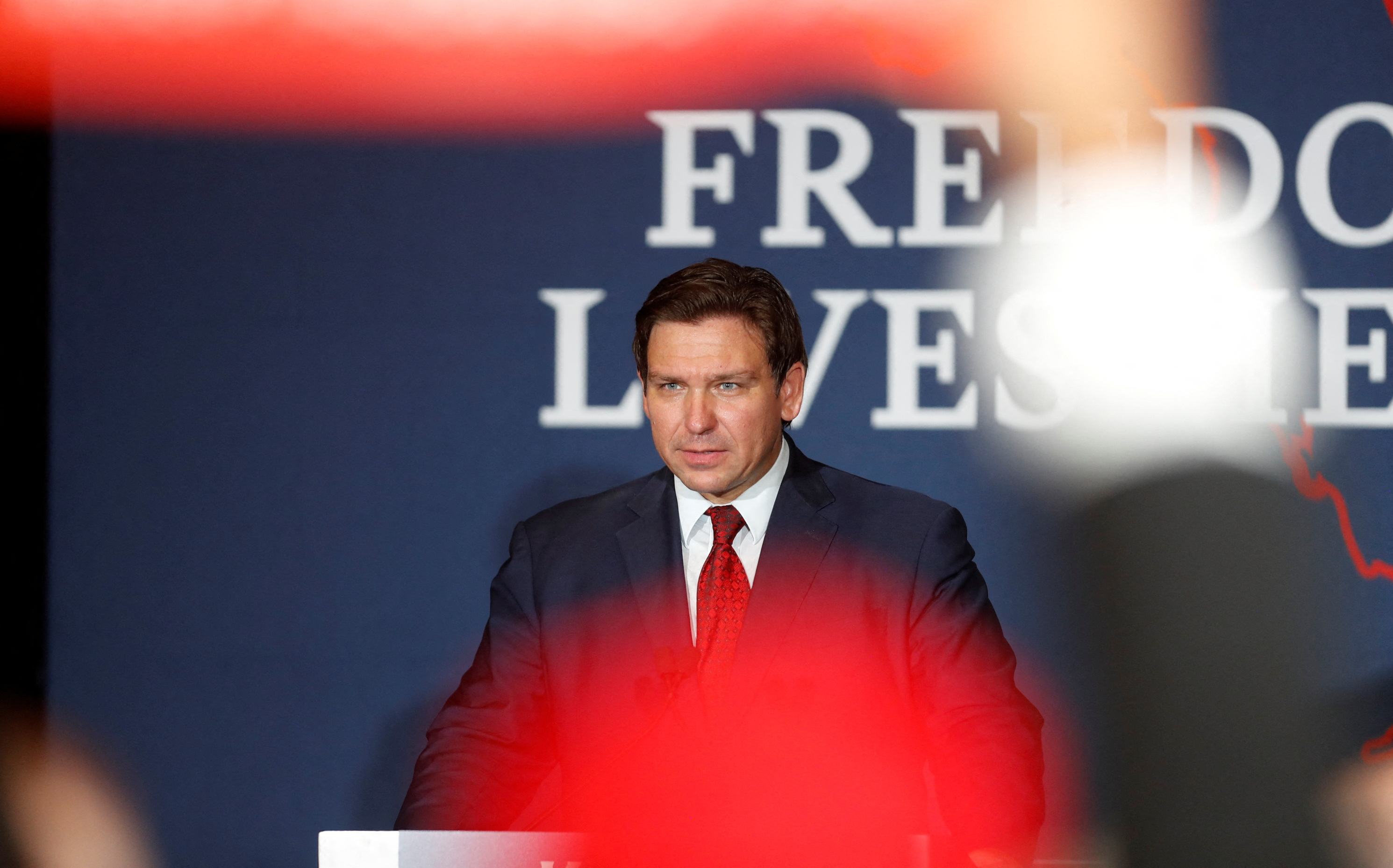 Florida Gov. Ron DeSantis speaks after the primary election for the midterms during the "Keep Florida Free Tour" at Pepin's Hospitality Centre, in Tampa, Florida, Aug. 24, 2022.