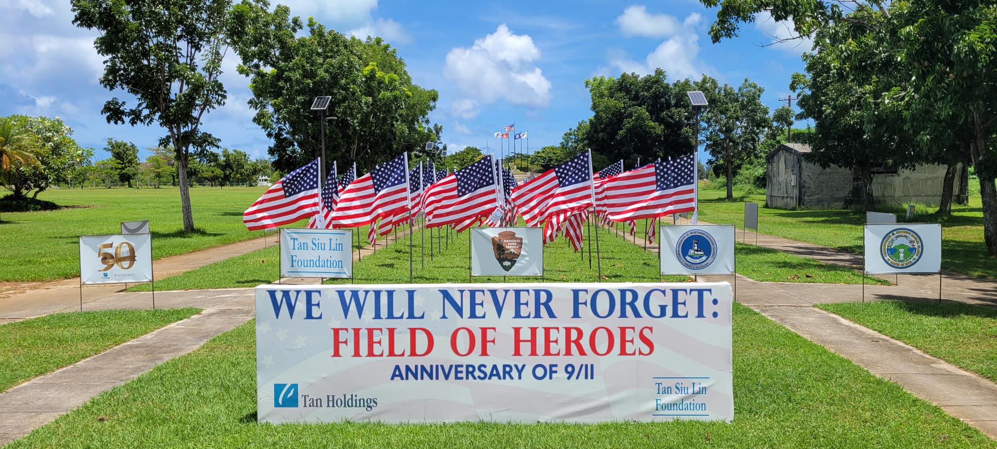 U.S. flags are on display at American Memorial Park in Garapan in commemoration of the September 11 attacks, and to honor all firefighters, law enforcement officers, and first responders.