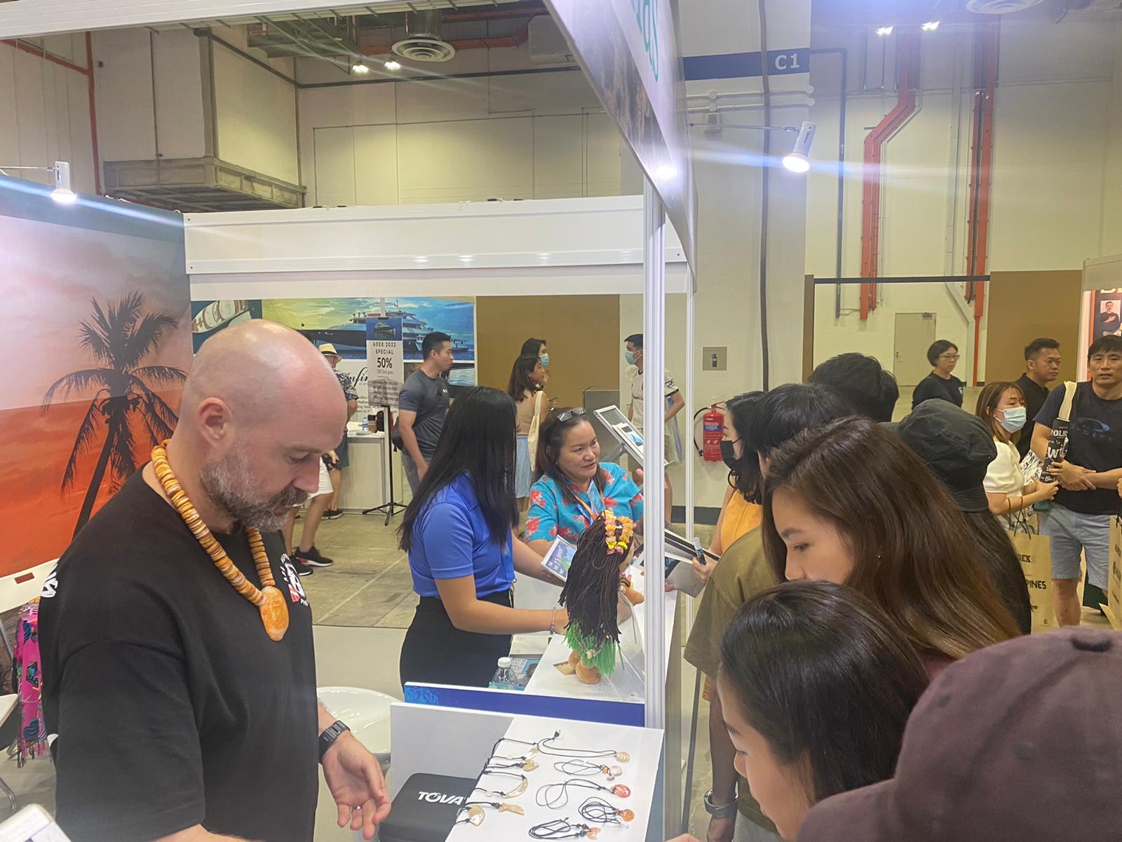 Axe Murderer Tours master dive instructor Jay Wolfe, left, shares information on the Marianas at Asia Dive Expo or ADEX 2022 on Sept. 16-18, 2022, in Singapore.  ADEX is the largest and longest-running diving consumer and trade show in Asia.