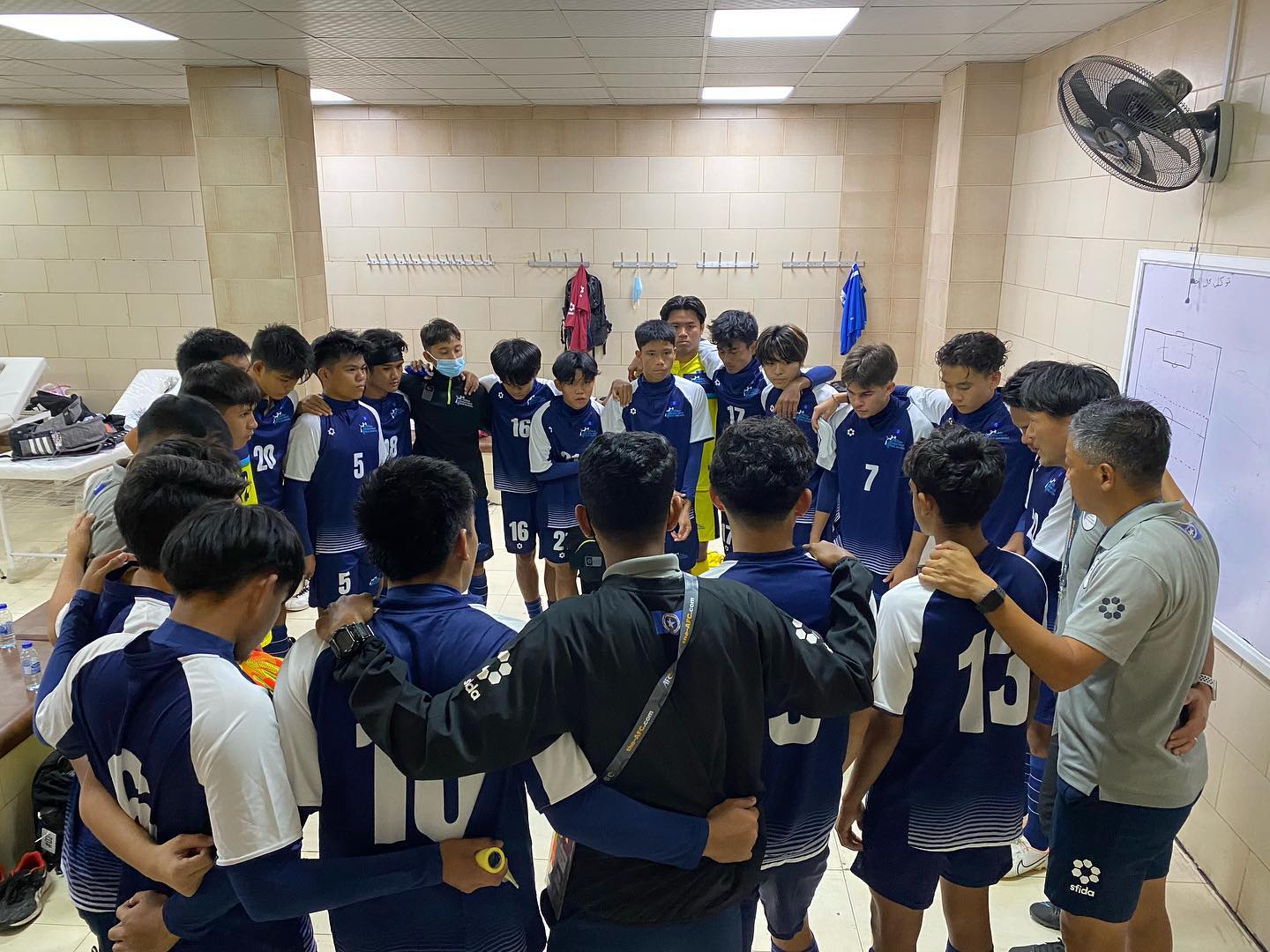 The NMI U20 Men's National Team members huddle before their game against Turkmenistan in the AFC U20 Asian Cup Qualifiers in Amman, Jordan on Saturday.