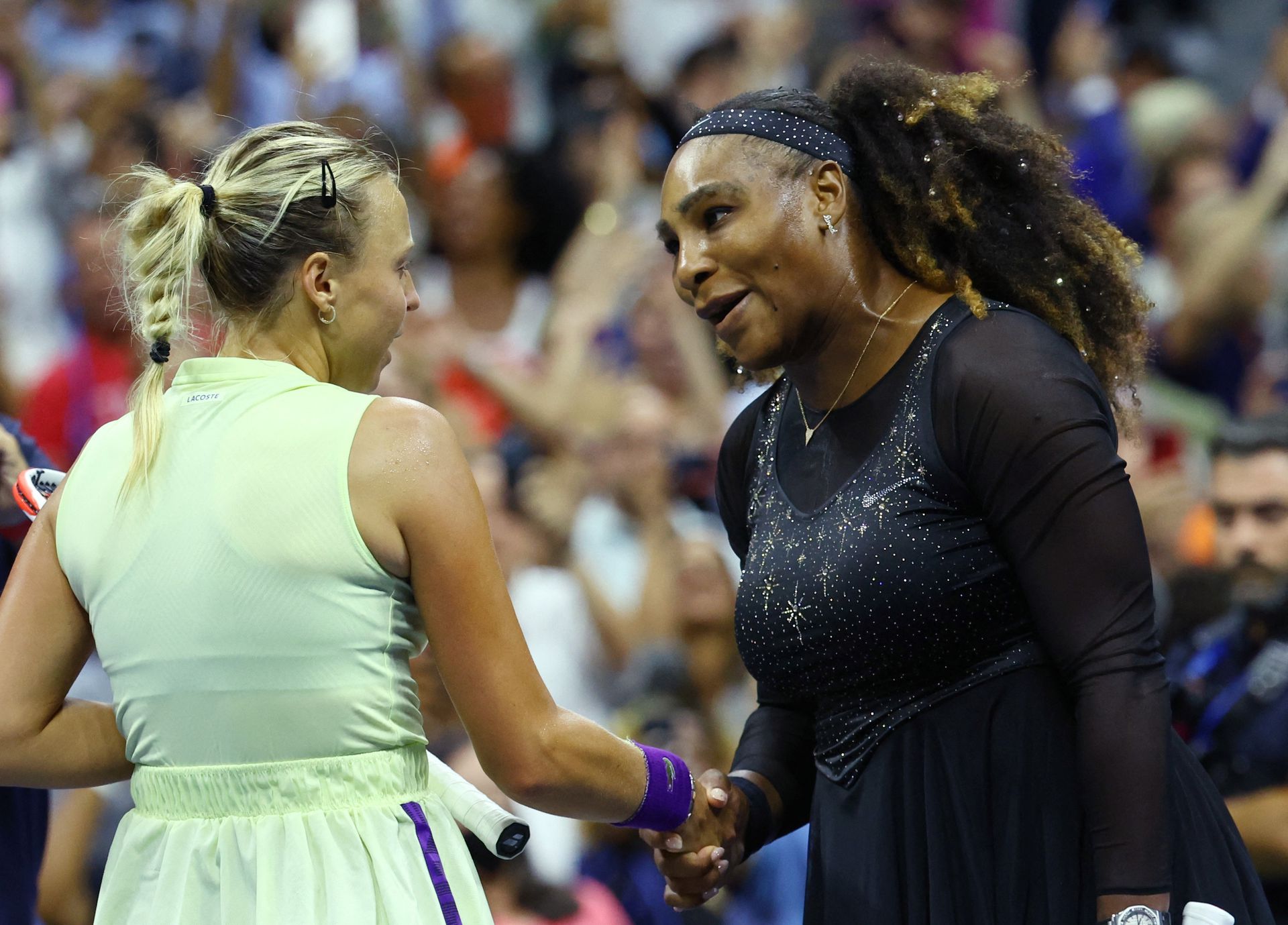 Serena Williams of the U.S. shakes hands with Estonia's Anett Kontaveit after winning their second round match in the  U.S. Open at Flushing Meadows, New York, Aug. 31, 2022.
