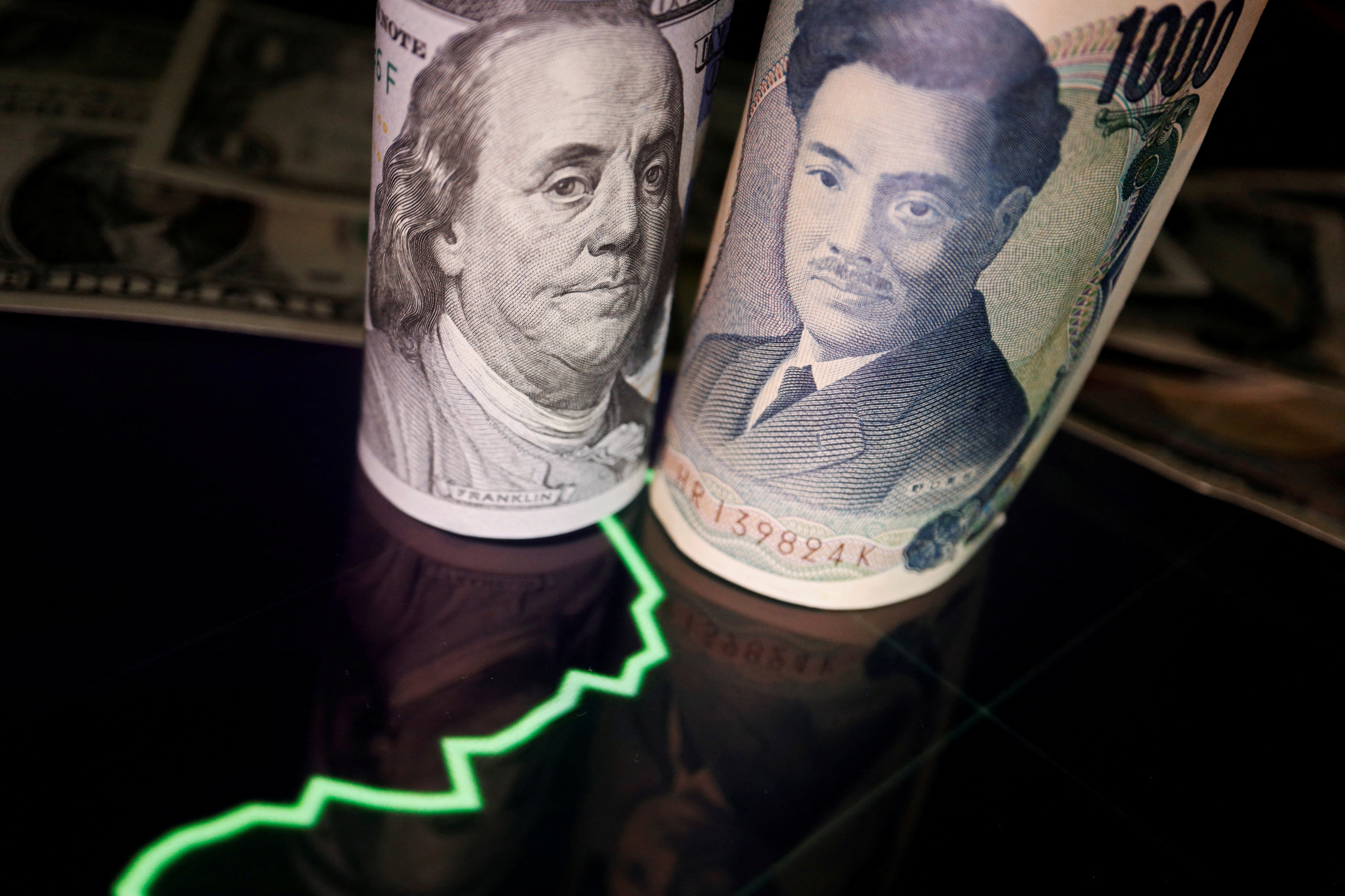 Japanese yen and U.S. dollar banknotes are seen with a currency exchange rate graph in this illustration picture taken on June 16, 2022.