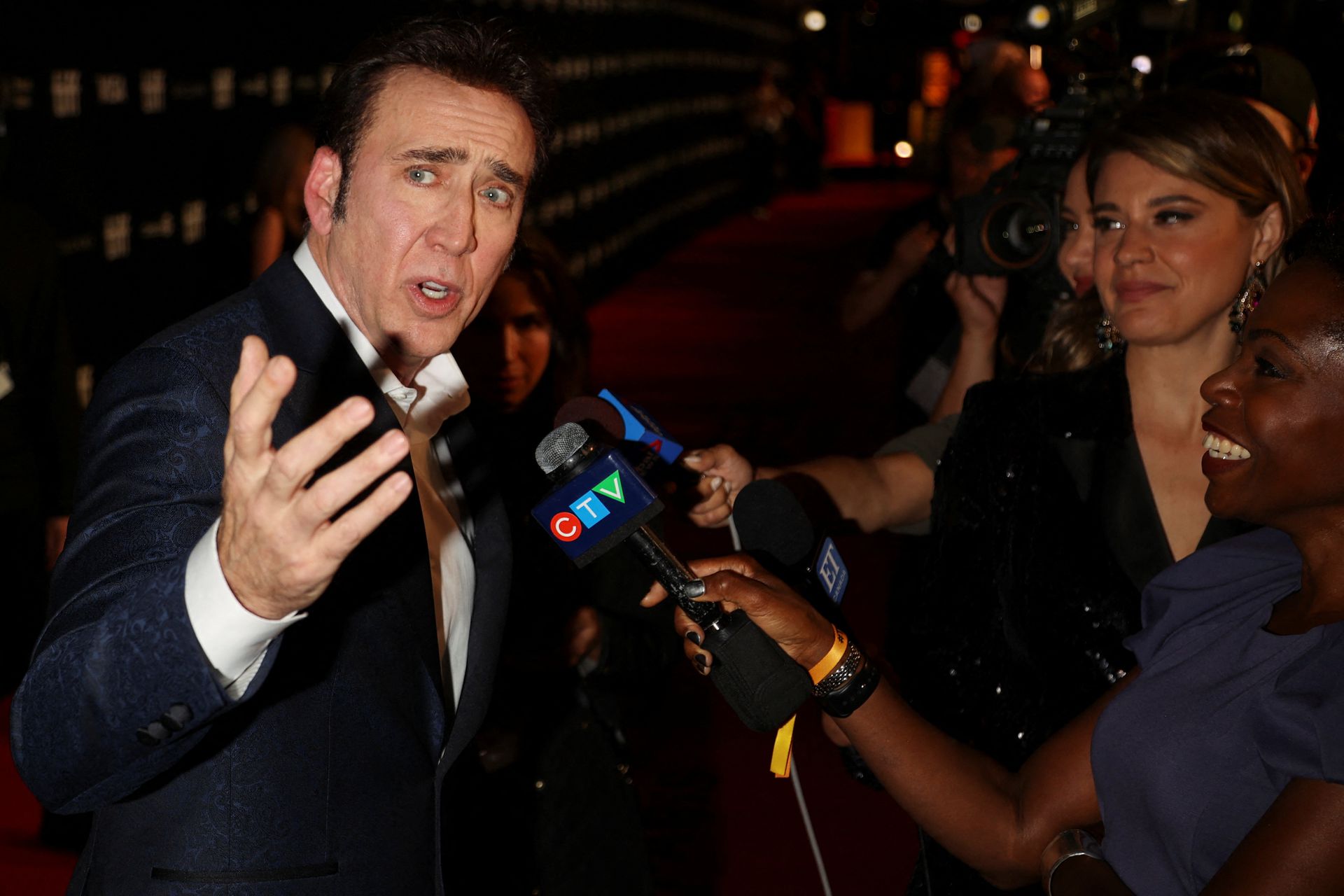 Cast member Nicolas Cage speaks to the media at the world premiere of "Butcher's Crossing" at the Toronto International Film Festival in Toronto, Ontario, Canada on Sept. 9, 2022. 