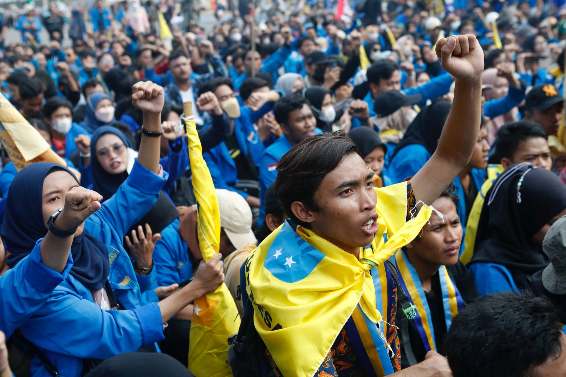 University students protest against the government following raise in subsidized fuel prices by about 30% at the weekend in Jakarta, Indonesia, Sept. 5, 2022.