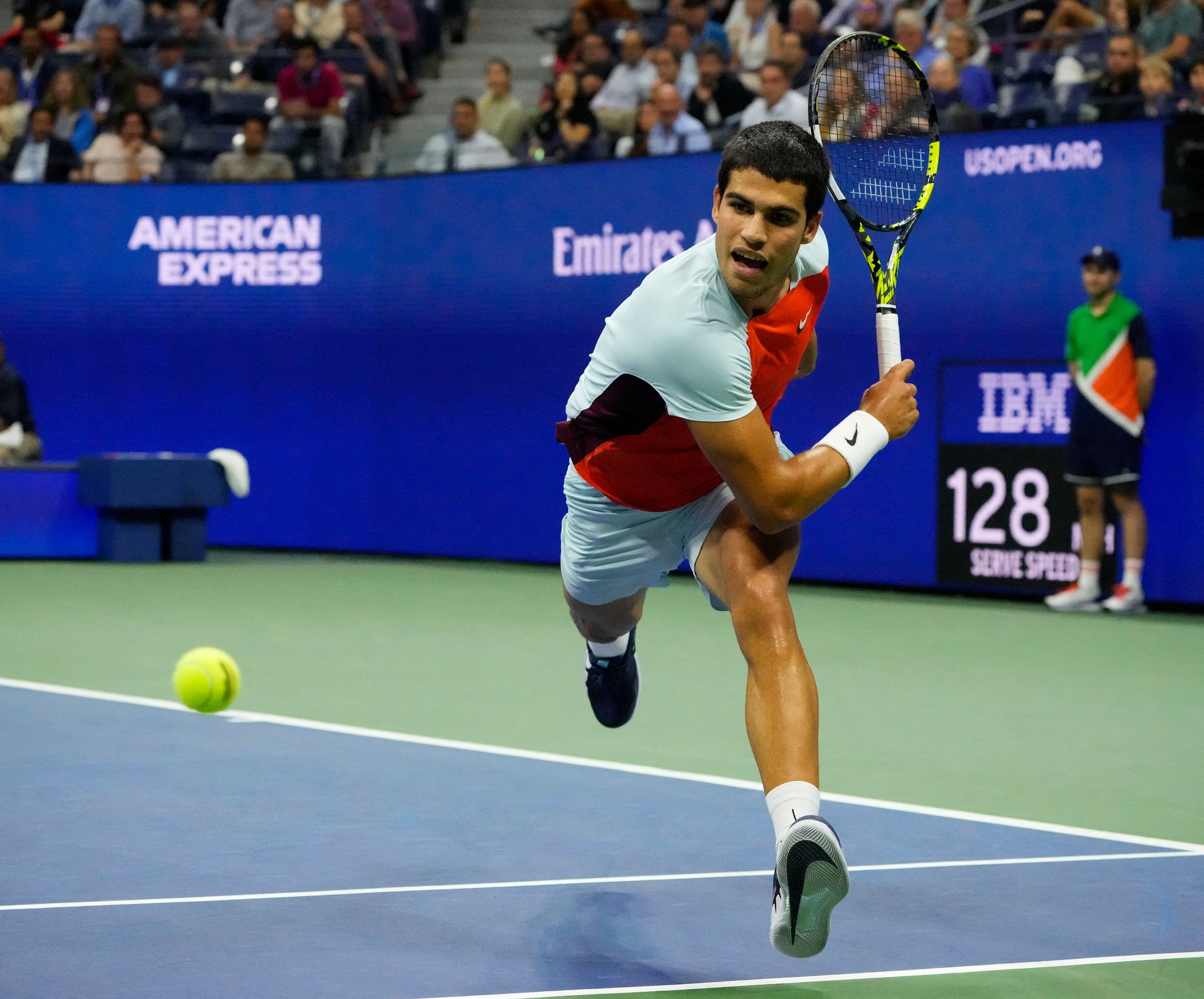 Carlos Alcaraz of Spain hits to Jannik Sinner of Italy on day 10 of the 2022 U.S. Open tennis tournament at USTA Billie Jean King National Tennis Center in Flushing, NY, Sept. 7, 2022.