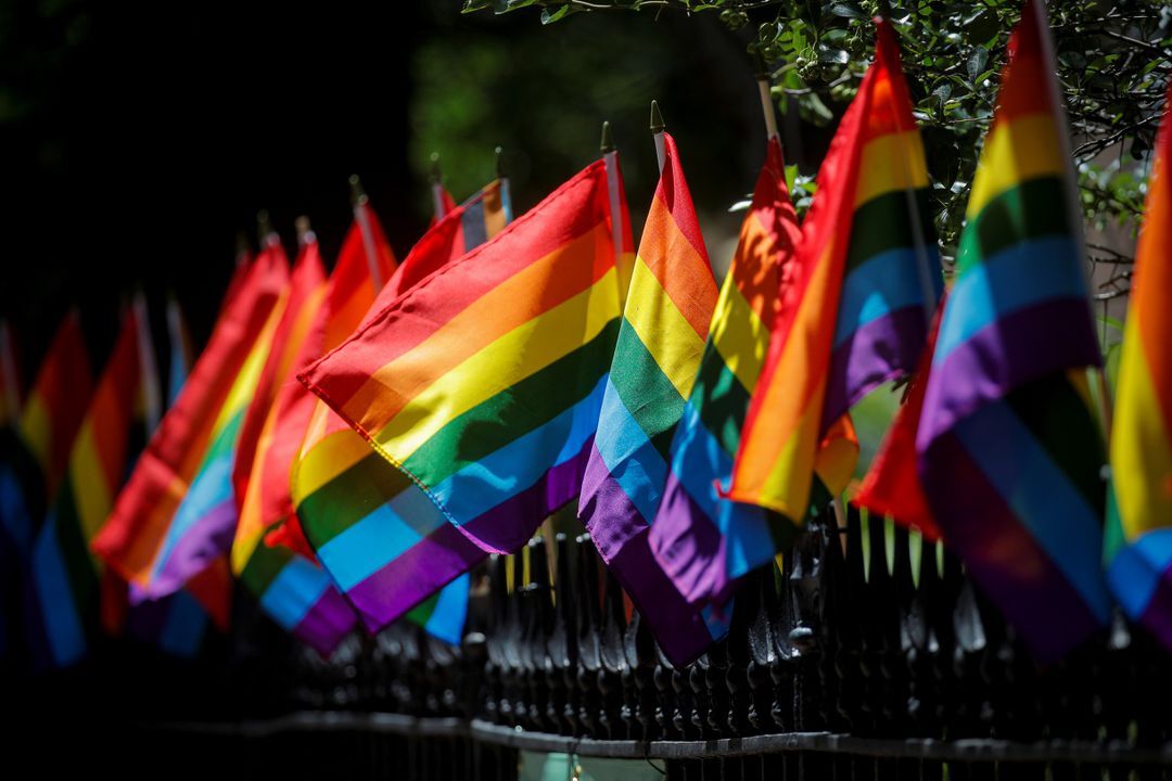Pride flags are used to celebrate Pride Month at the Stonewall National Monument at Christopher Park adjacent to The Stonewall Inn, in the Greenwich Village section of New York City, June 23, 2021.