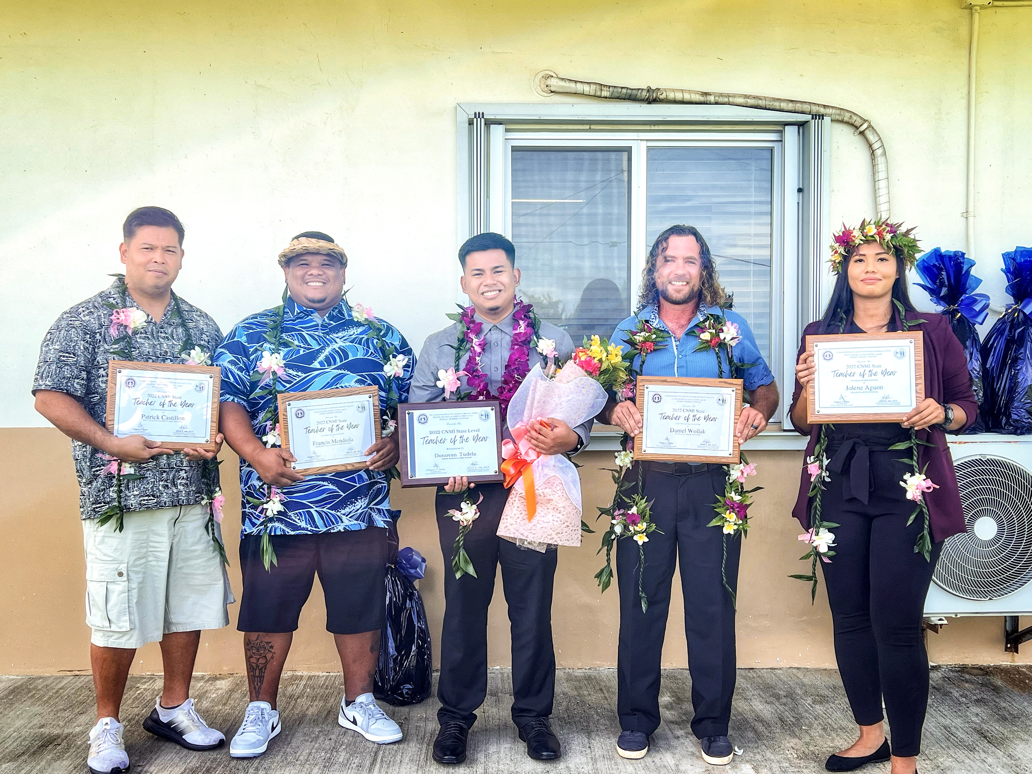 The five finalists for the 2023 PSS Teacher of the Year award are, from left, Dr. Patrick Castillon of San Vicente Elementary School, Francis Mendiola of Koblerville Elementary School, Donovan M. Tudela of Saipan Southern High School, Daniel Wollak of Marianas High School, and Jolene Aguon of Kagman High School.