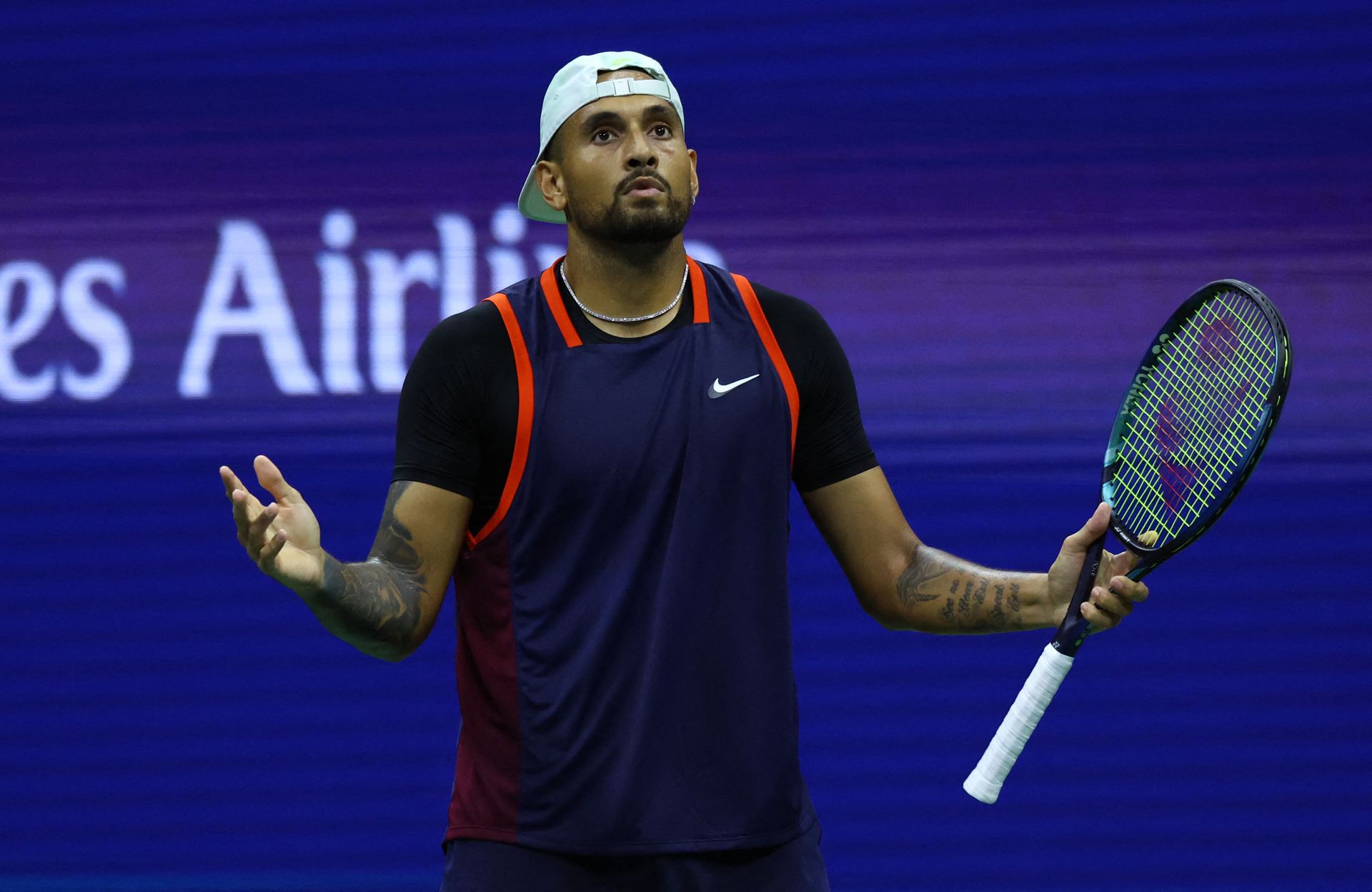 Australia's Nick Kyrgios reacts during his quarterfinal match against Russia's Karen Khachanov at the U.S. Open in Flushing Meadows, New York, Sept. 7, 2022.