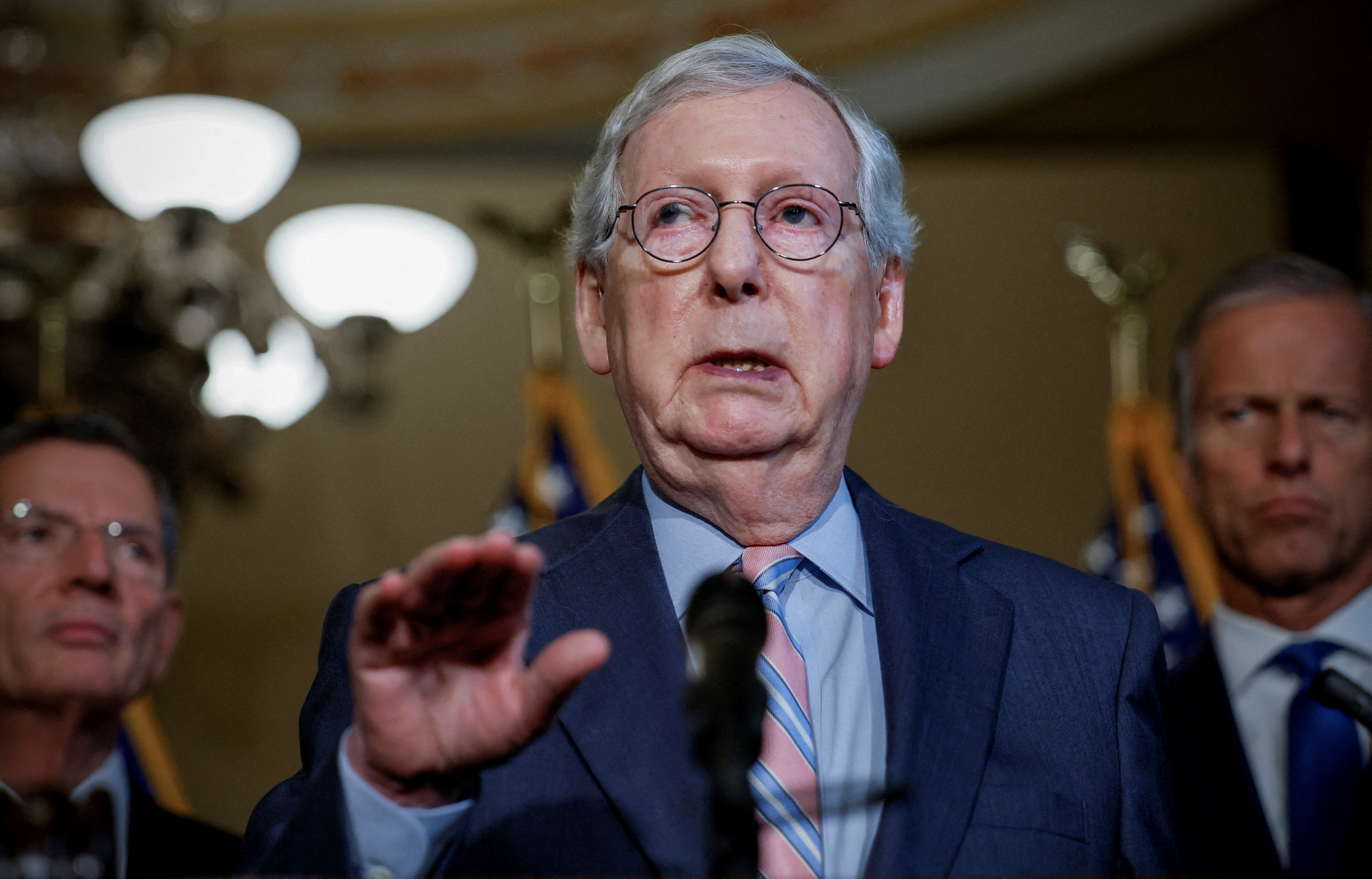Senate Minority Leader Mitch McConnell, R-Ky., answers questions during the weekly Republican news conference on Capitol Hill in Washington, D.C., Sept. 13, 2022.