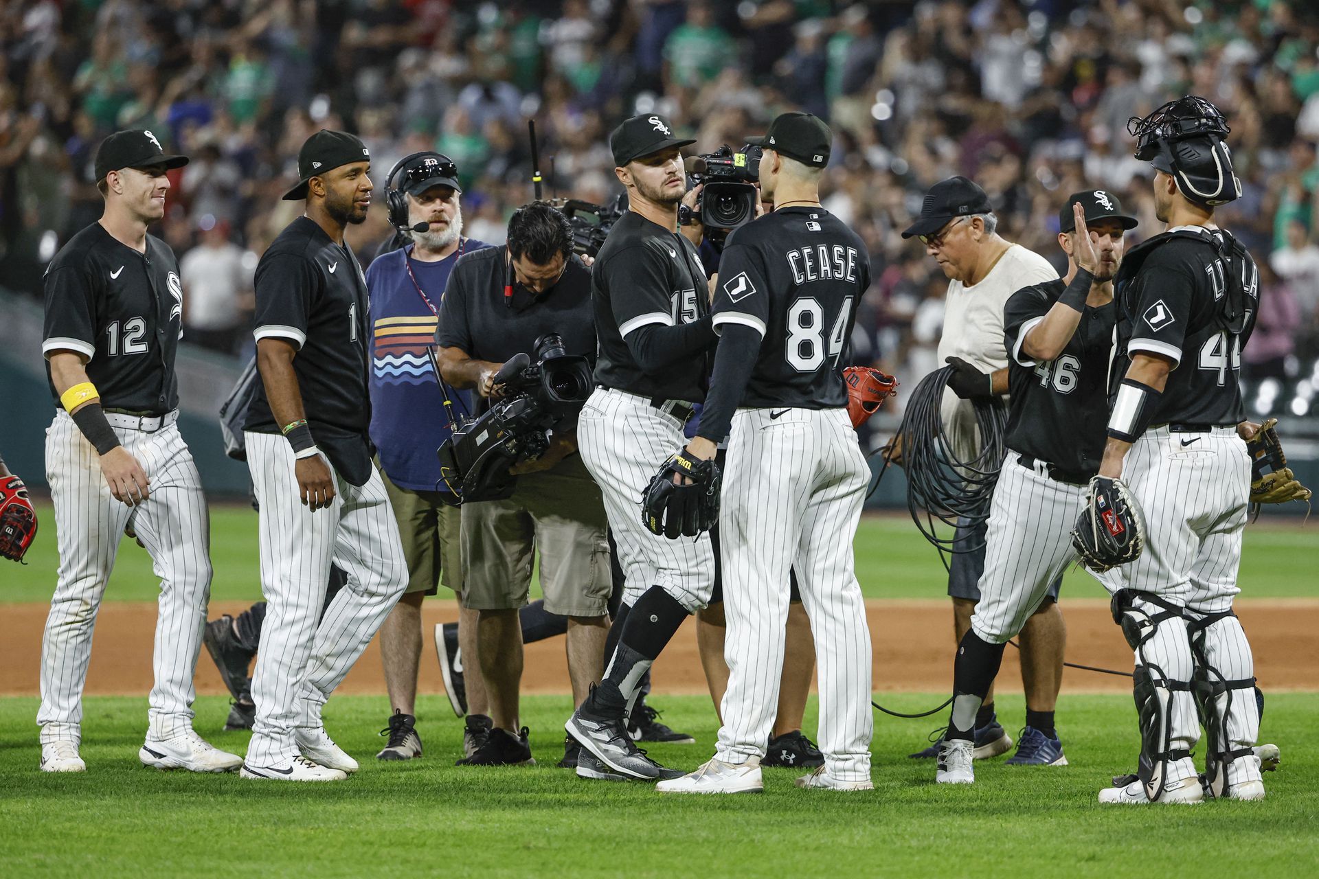 Chicago White Sox starting pitcher Dylan Cease (84) celebrates with teammates team's win against the Minnesota Twins at Guaranteed Rate Field in Chicago, Illinois, Sept. 3, 2022.