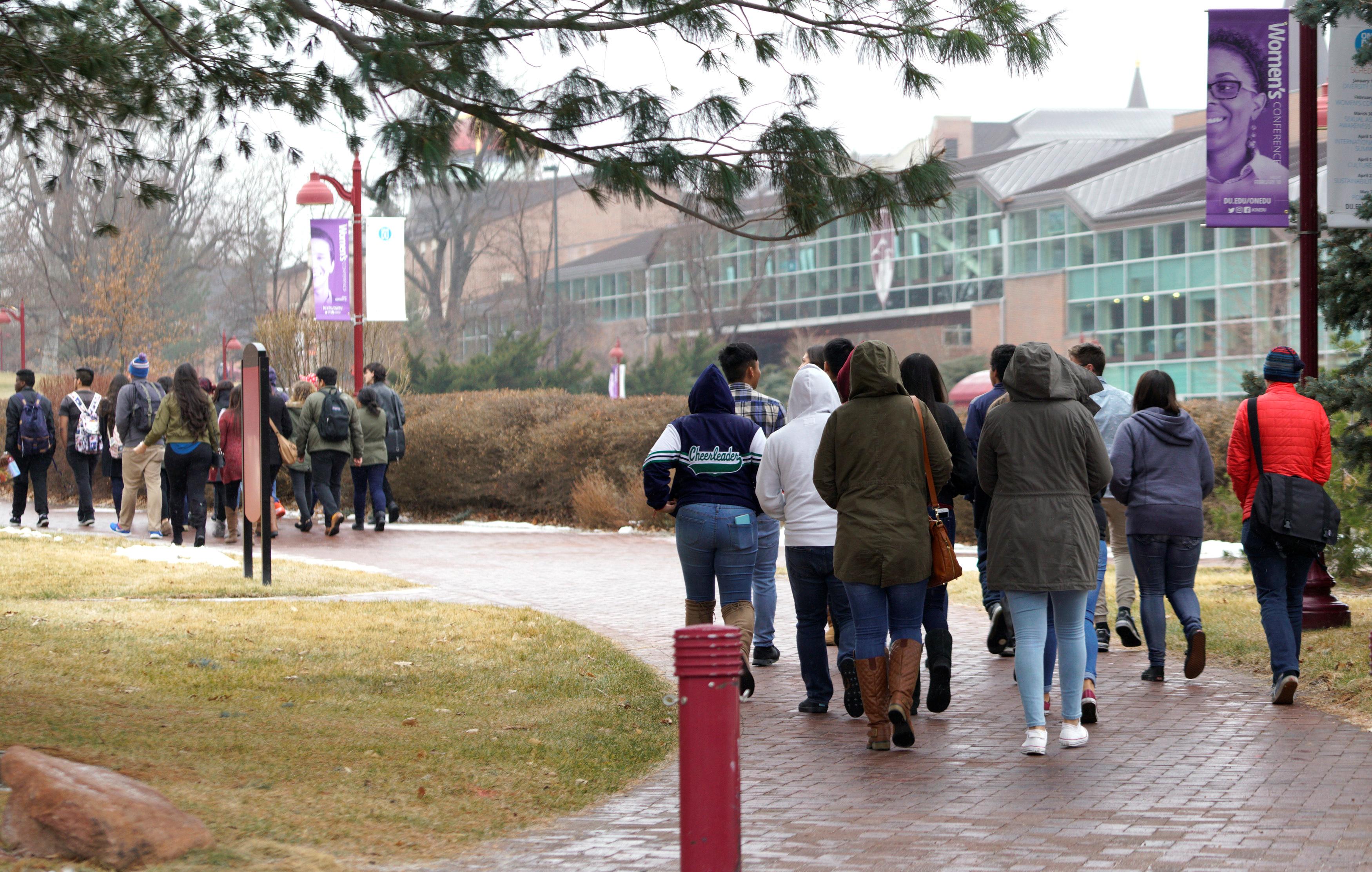 Prospective students take a tour at the University of Denver in Denver, Colorado on Jan. 24, 2017.