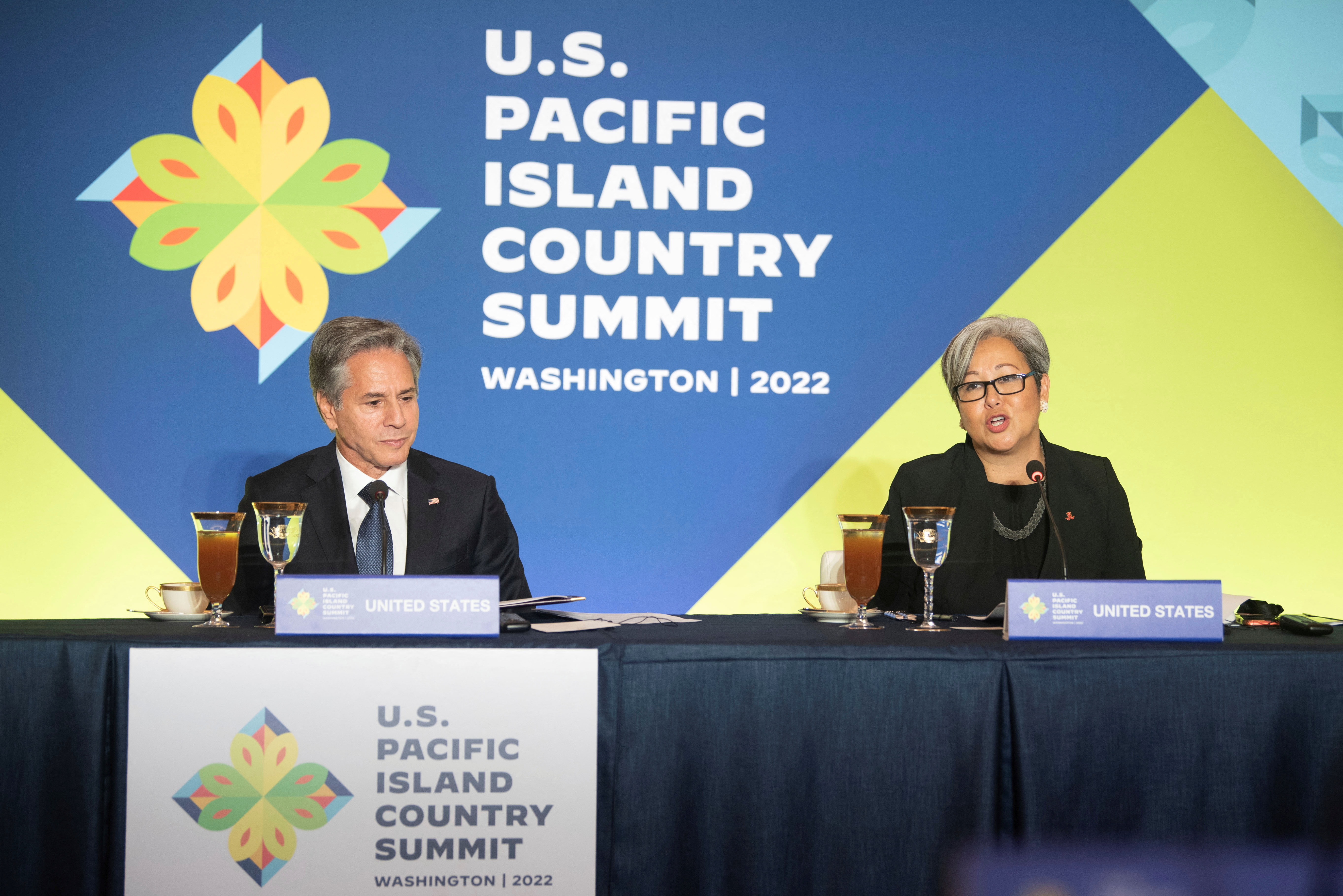 East-West Center President Suzanne Puanani Vares-Lum speaks next to U.S. Secretary of State Antony Blinken during the U.S.-Pacific Island Country Summit at the State Department in Washington, D.C., Sept. 28, 2022.