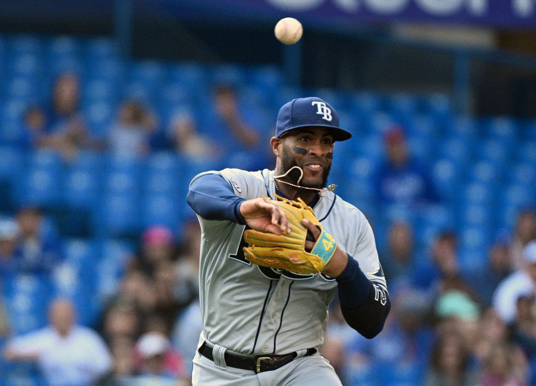 Tampa Bay Rays third baseman Yandy Diaz (2) throws out Toronto Blue Jays first baseman Vladimir Guerrero Jr. — not pictured —  in the sixth inning at Rogers Centre in Toronto, Ontario, Canada on Sept. 15, 2022.