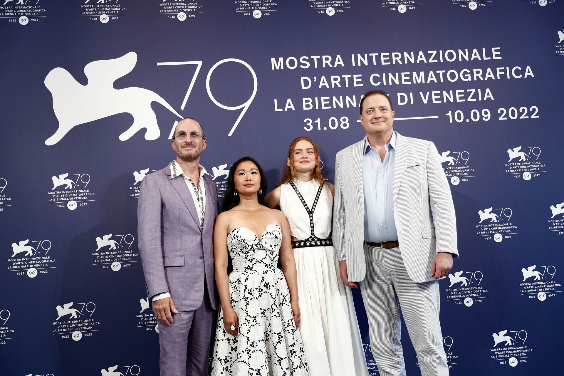 Director Darren Aronofsky and cast members Brendan Fraser, Sadie Sink and Hong Chau pose during a photo call for the film "The Whale," in competition at the 79th Venice Film Festival  in Venice, Italy, Sept. 4, 2022.