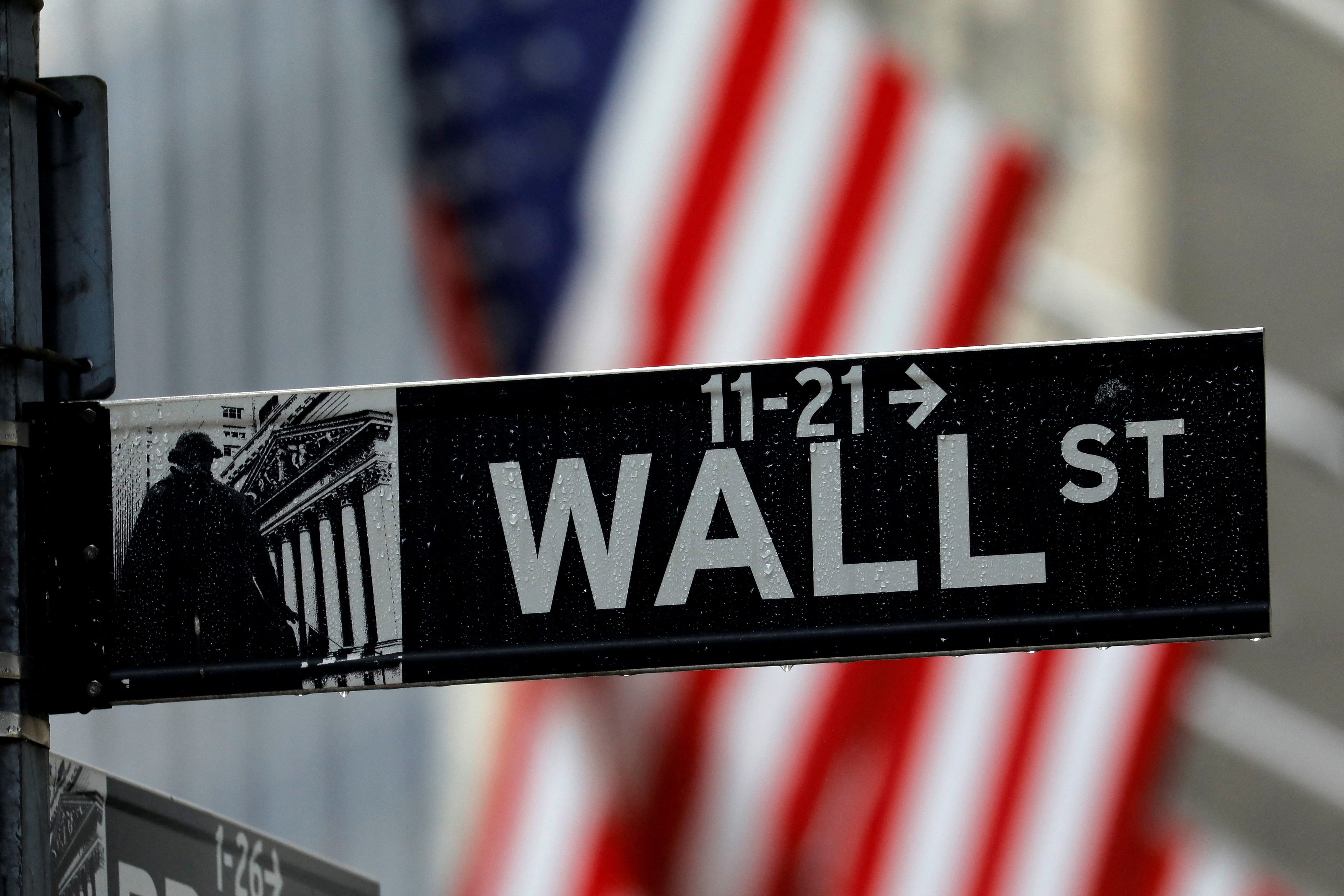 Raindrops hang on a sign for Wall Street outside the New York Stock Exchange in Manhattan in New York City, New York, Oct. 26, 2020.